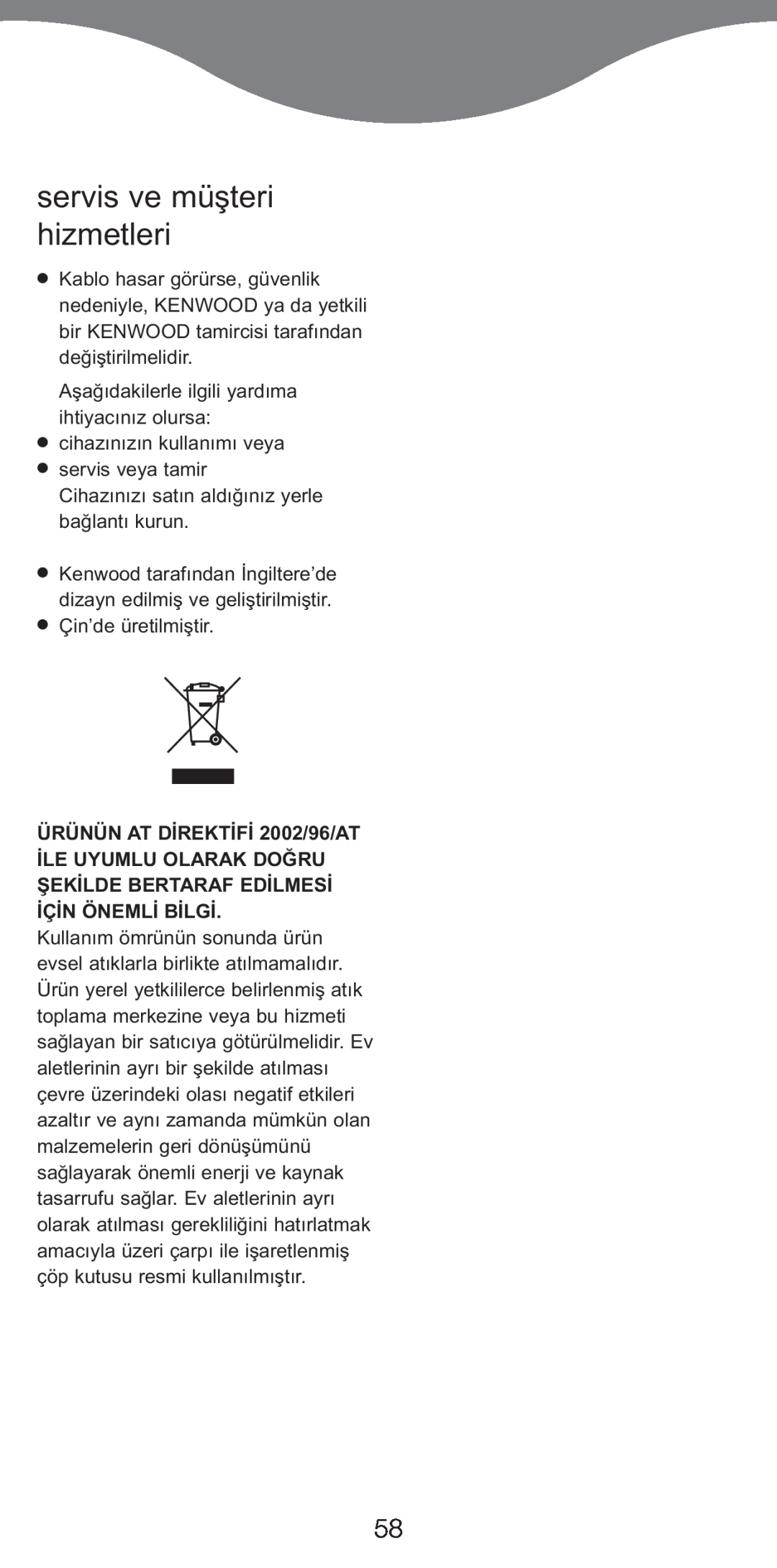 Kenwood MG510 manual servis ve müşteri hizmetleri, ÜRÜNÜN AT DİREKTİFİ 2002/96/AT 