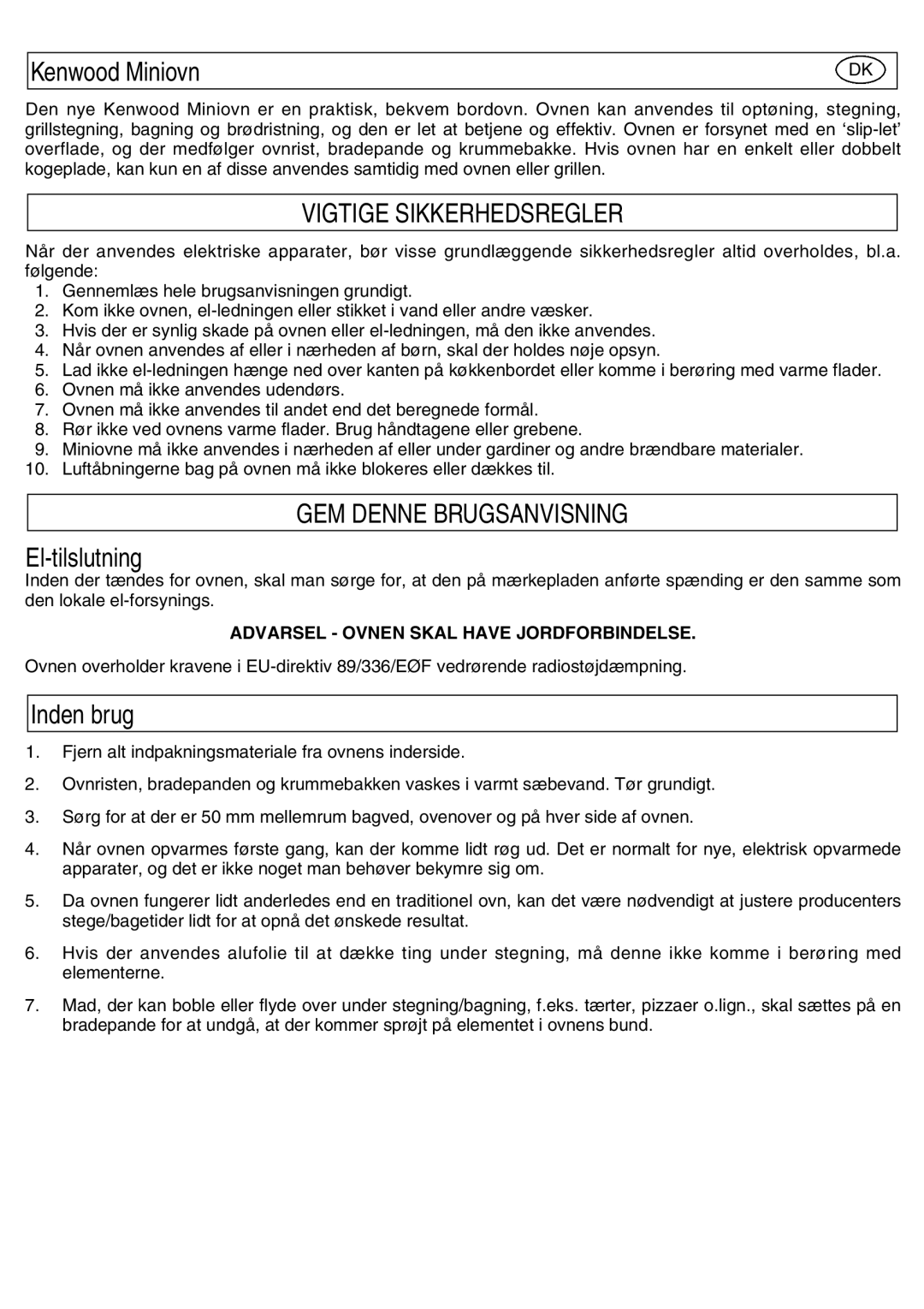 Kenwood Mini Oven manual Kenwood Miniovn, Vigtige Sikkerhedsregler, GEM Denne Brugsanvisning, El-tilslutning, Inden brug 