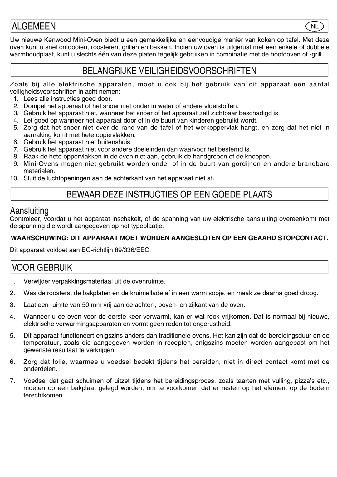 Kenwood Mini Oven Algemeen, Belangrijke Veiligheidsvoorschriften, Bewaar Deze Instructies OP EEN Goede Plaats, Aansluiting 