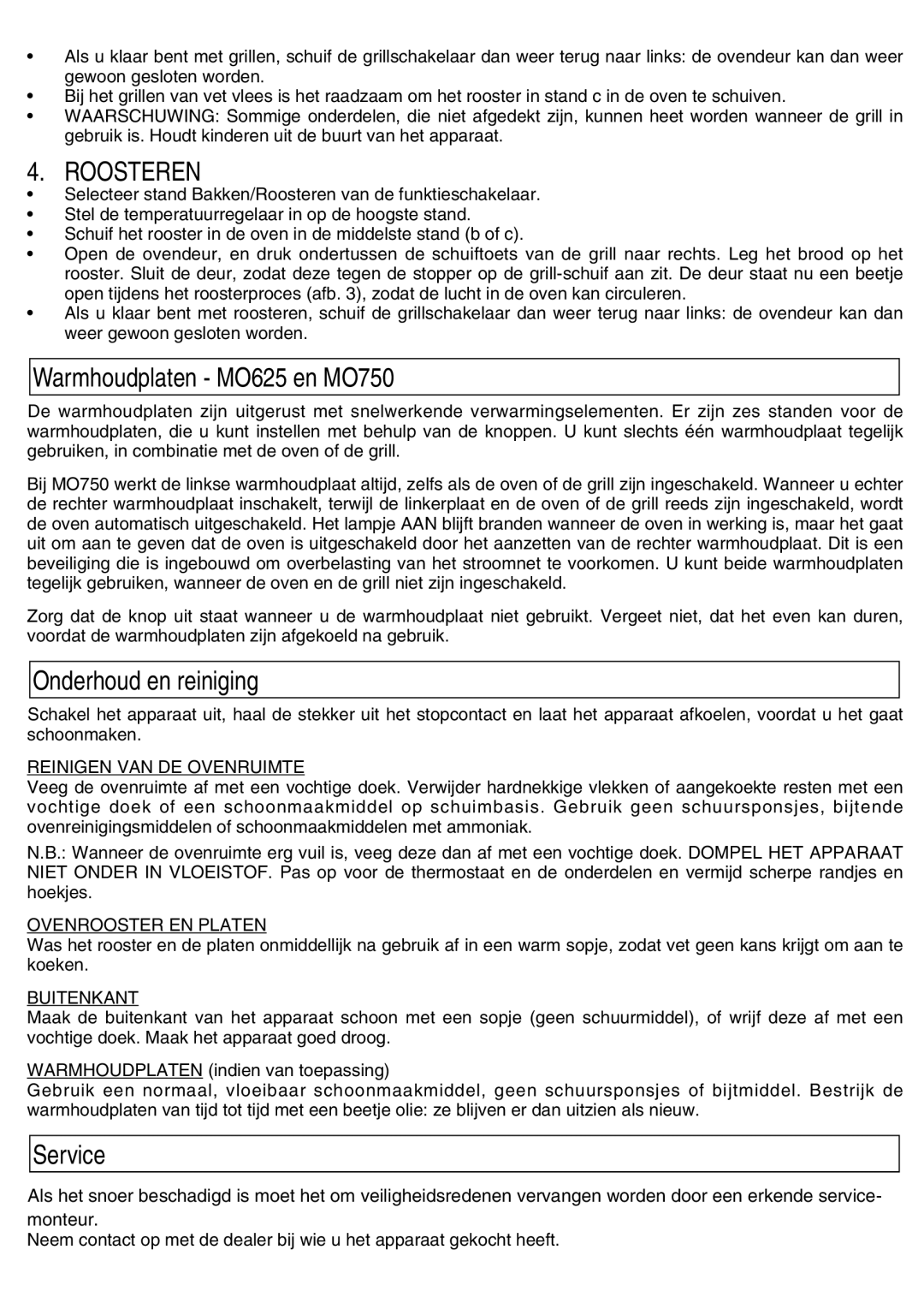Kenwood Mini Oven manual Roosteren, Warmhoudplaten MO625 en MO750, Onderhoud en reiniging 