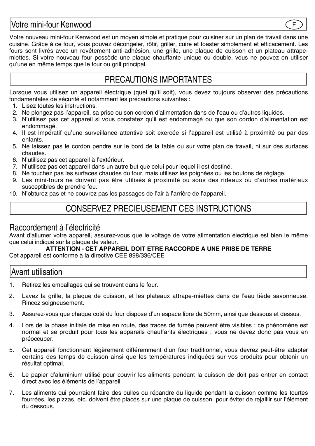 Kenwood Mini Oven manual Votre mini-four Kenwood, Precautions Importantes, Conservez Precieusement CES Instructions 