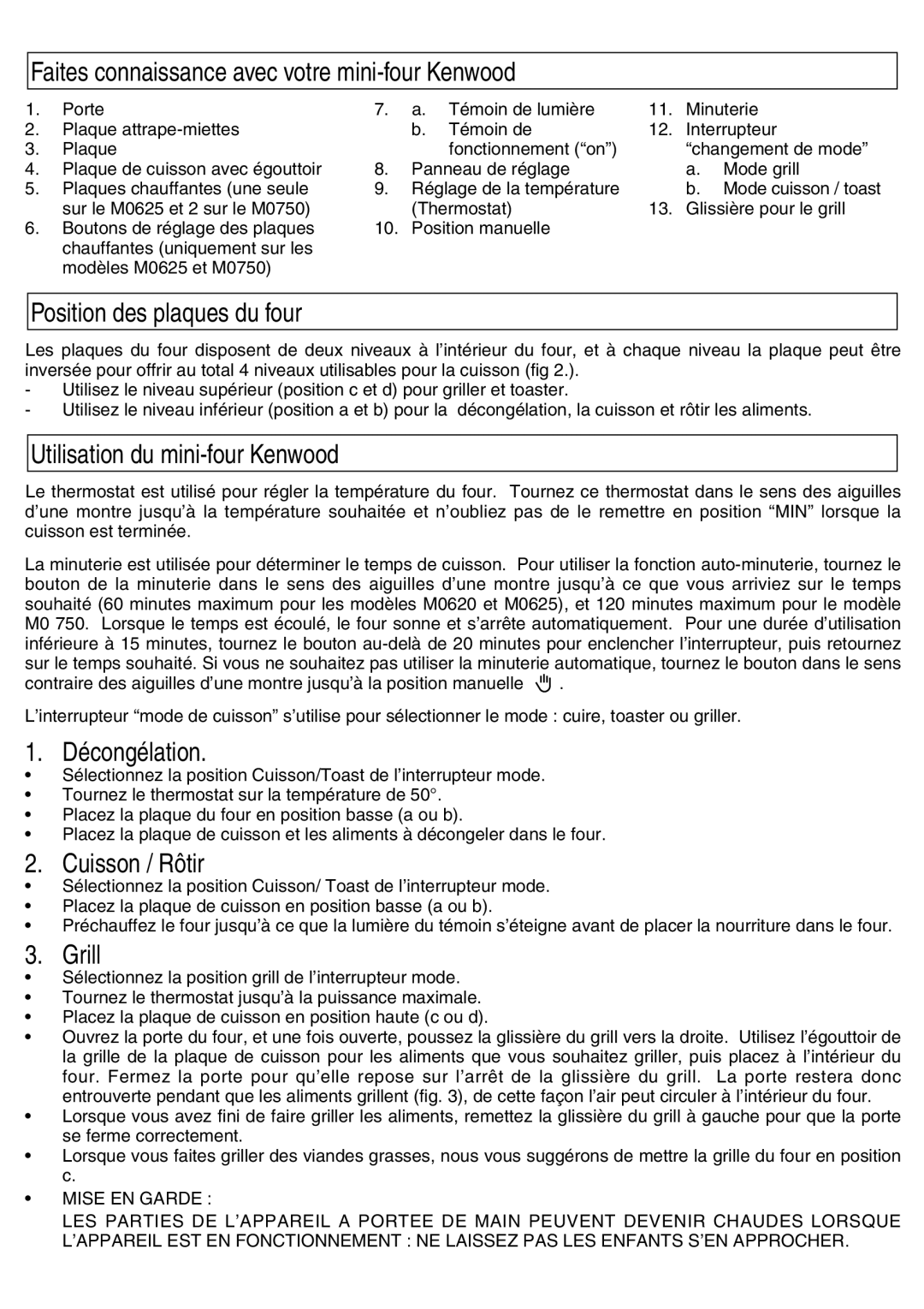 Kenwood Mini Oven Faites connaissance avec votre mini-four Kenwood, Position des plaques du four, Décongélation, Grill 