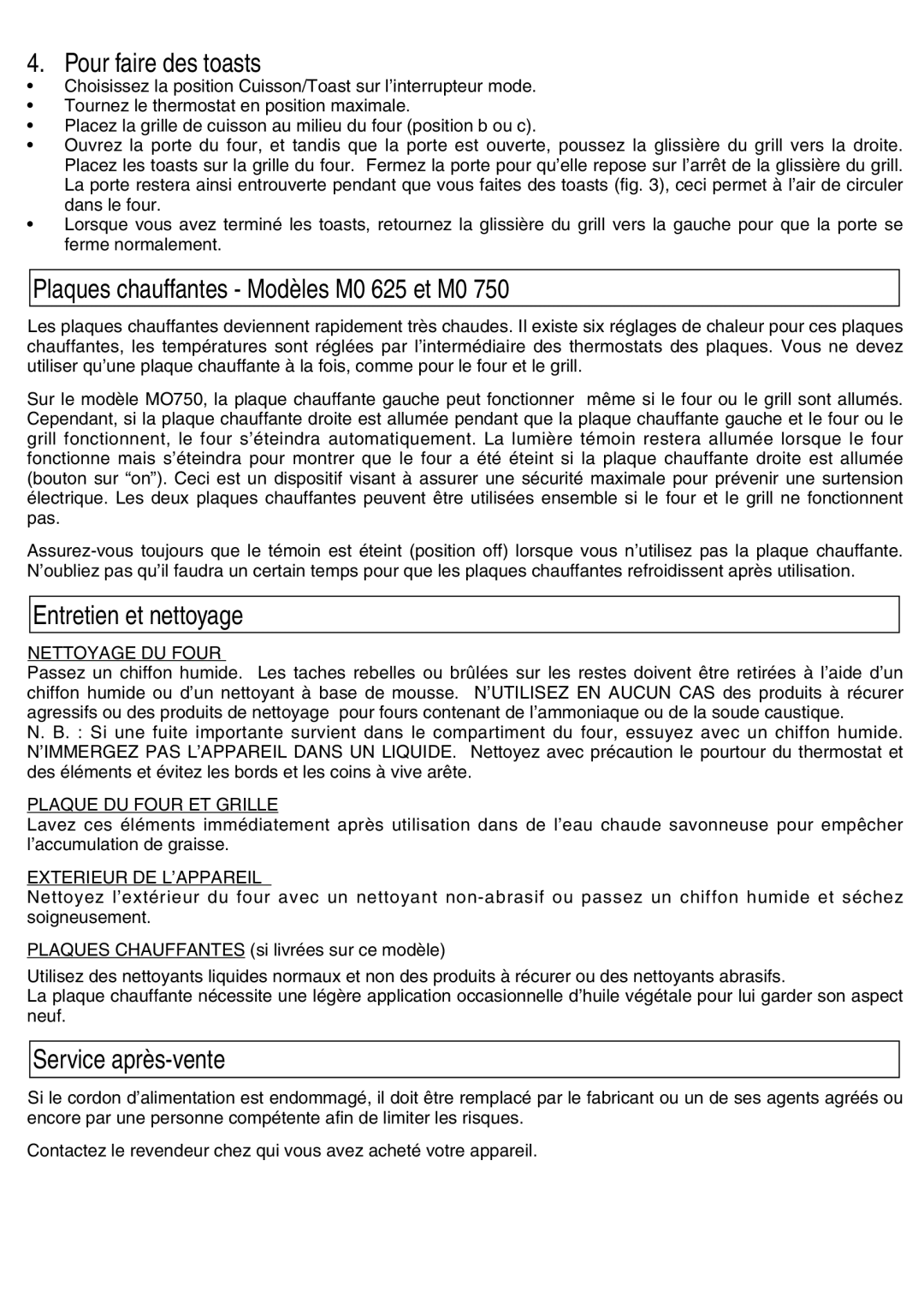 Kenwood Mini Oven manual Pour faire des toasts, Plaques chauffantes Modèles M0 625 et M0, Entretien et nettoyage 