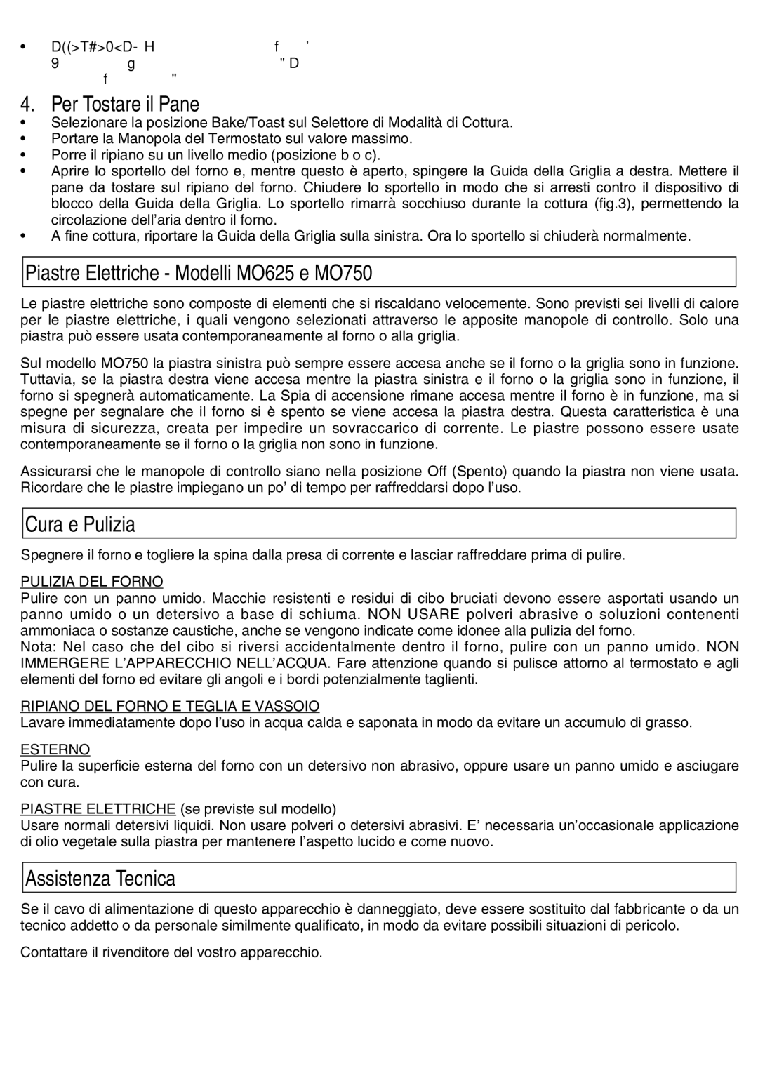 Kenwood Mini Oven manual Per Tostare il Pane, Piastre Elettriche Modelli MO625 e MO750, Cura e Pulizia, Assistenza Tecnica 