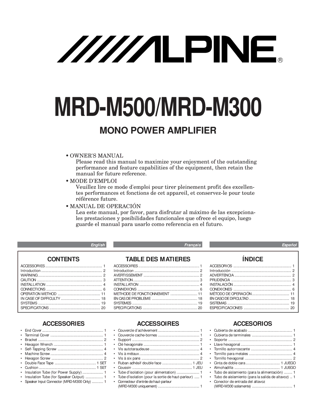 Kenwood MRD-M500, MRD-M300 owner manual Contents, Índice, Accessories Accessoires 