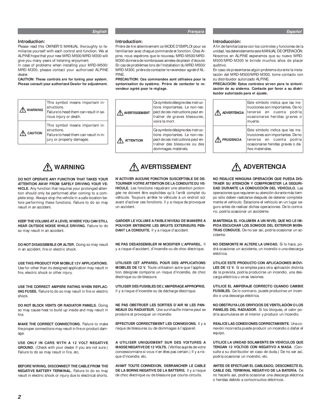 Kenwood MRD-M300, MRD-M500 owner manual Avertissement, Advertencia 