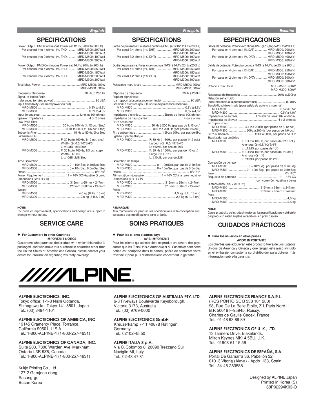 Kenwood MRD-M300, MRD-M500 owner manual Specifications, Service Care, Soins Pratiques, Especificaciones, Cuidados Prácticos 