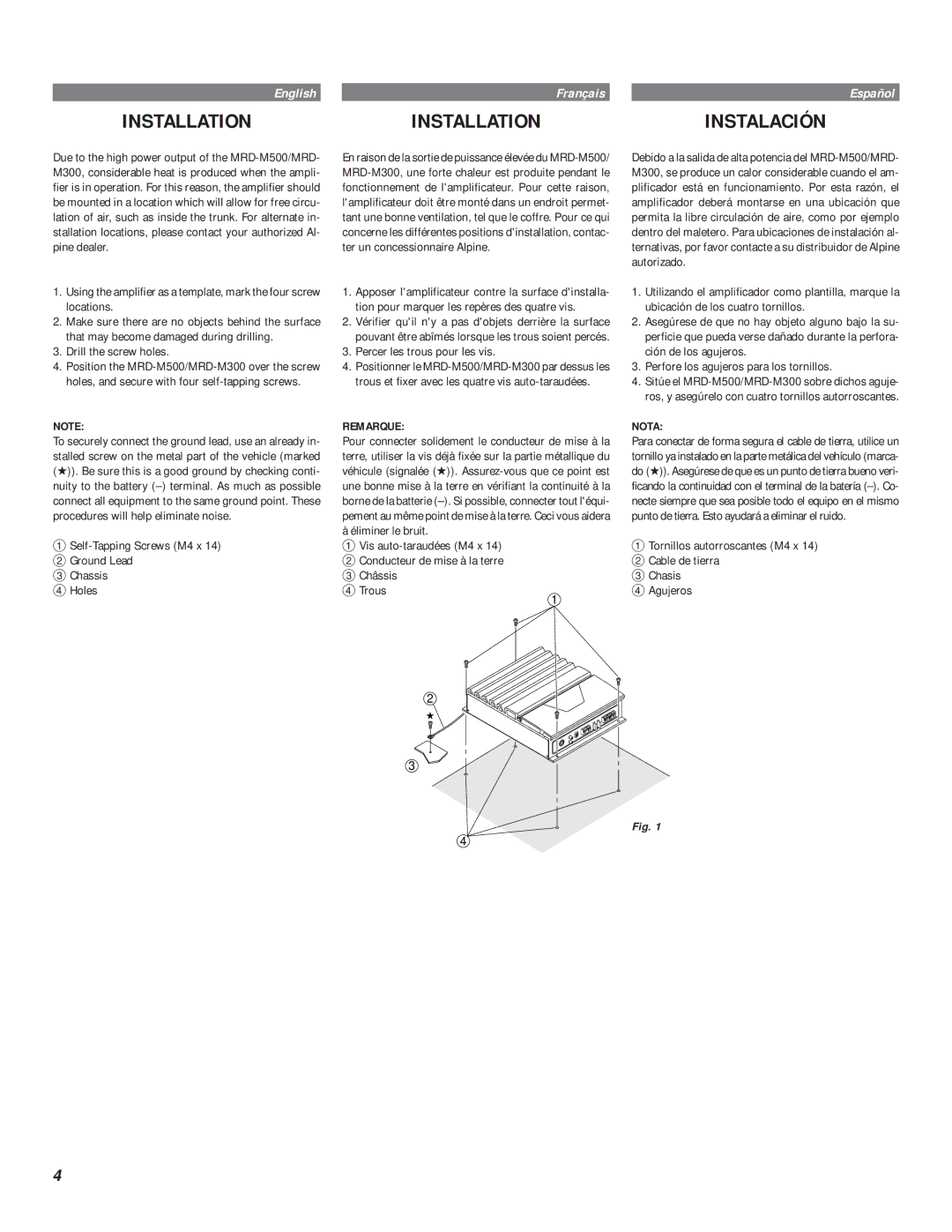 Kenwood MRD-M300 Drill the screw holes, Self-Tapping Screws M4 x Ground Lead Chassis Holes, Percer les trous pour les vis 