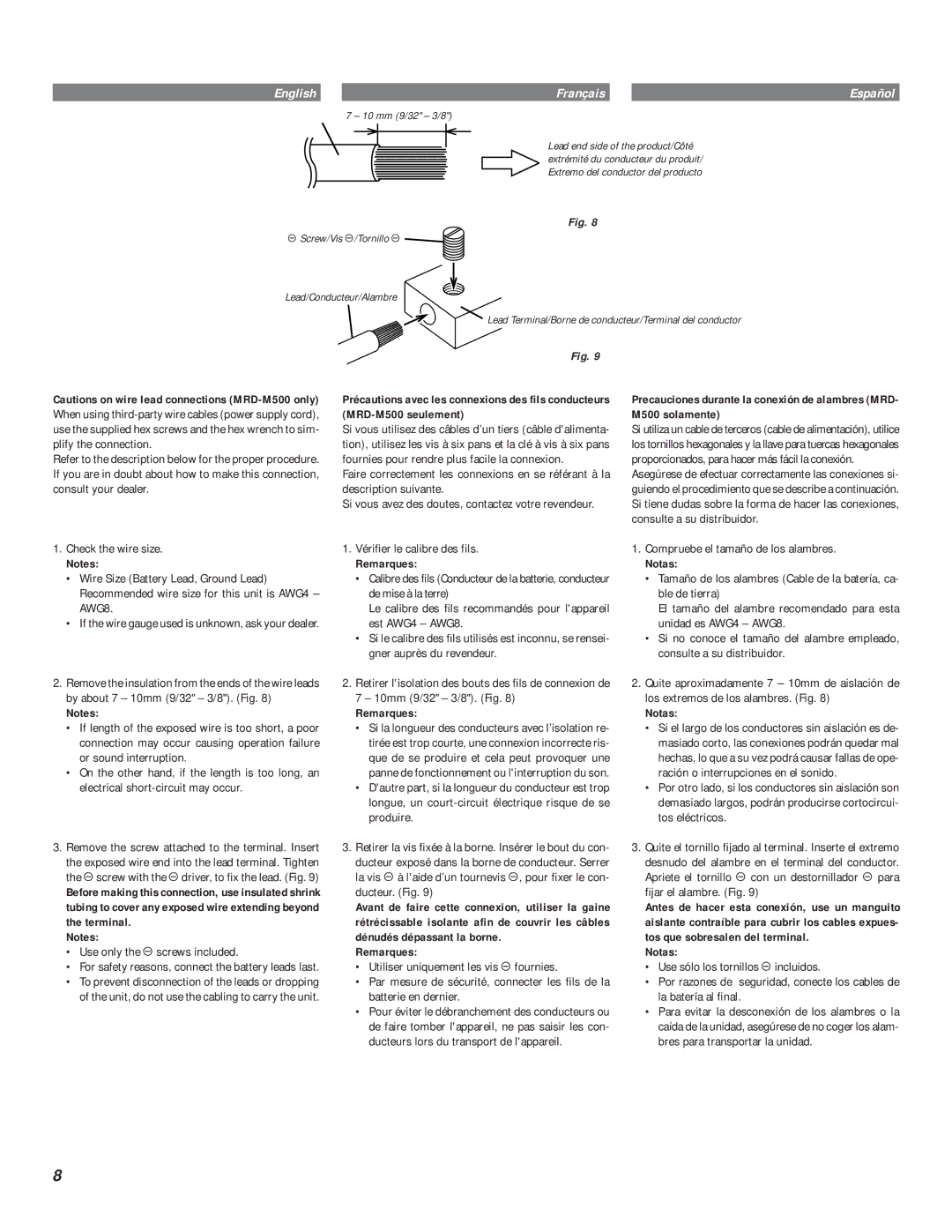 Kenwood MRD-M300, MRD-M500 owner manual Use only the d screws included, Vérifier le calibre des fils, Remarques, Notas 