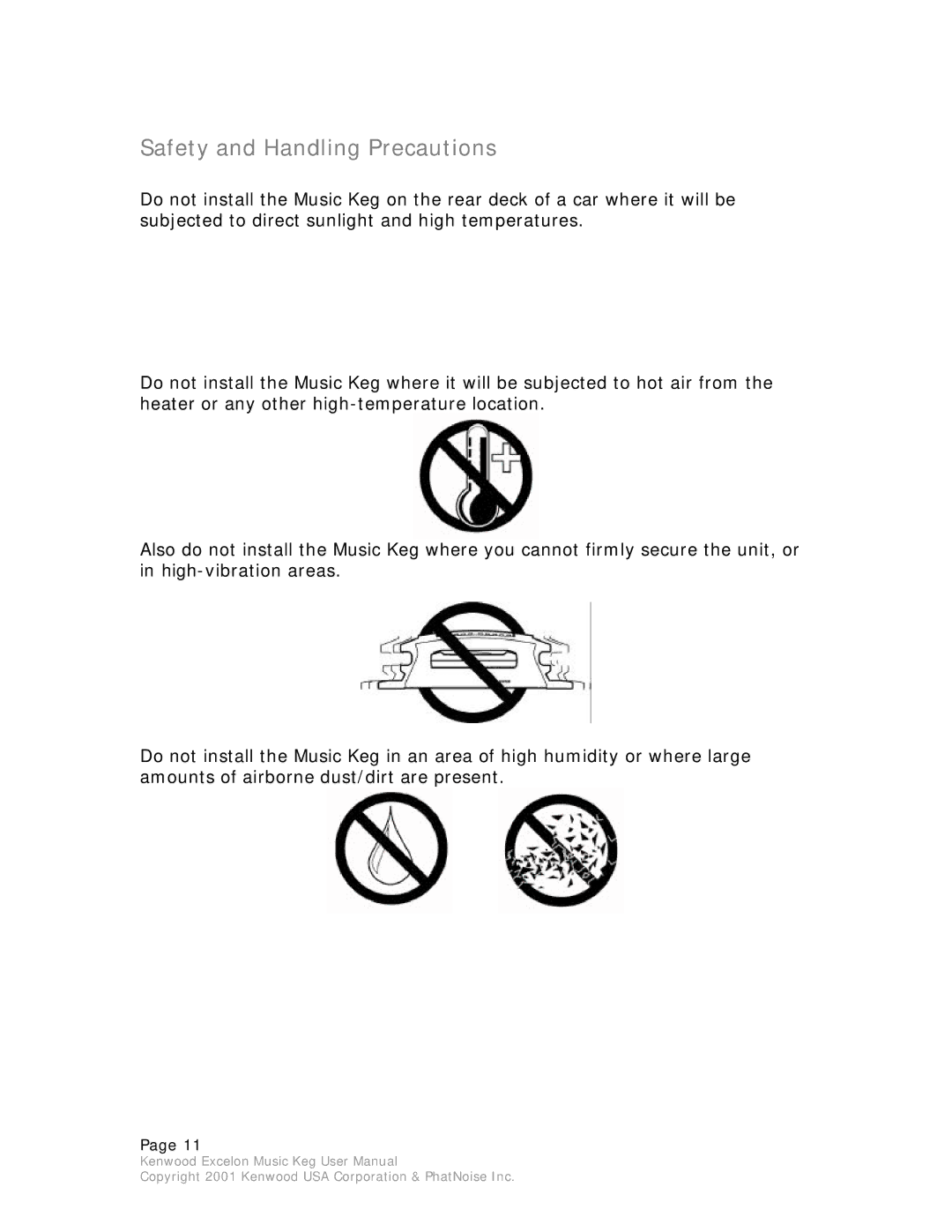 Kenwood Music Keg manual Safety and Handling Precautions 