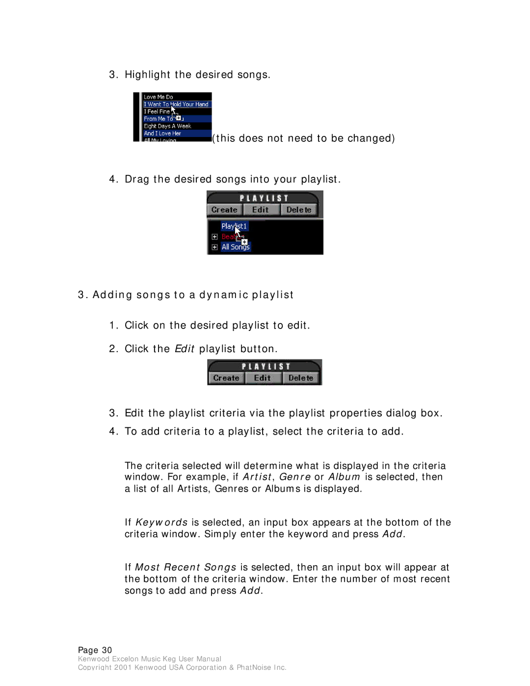 Kenwood Music Keg manual Adding songs to a dynamic playlist 