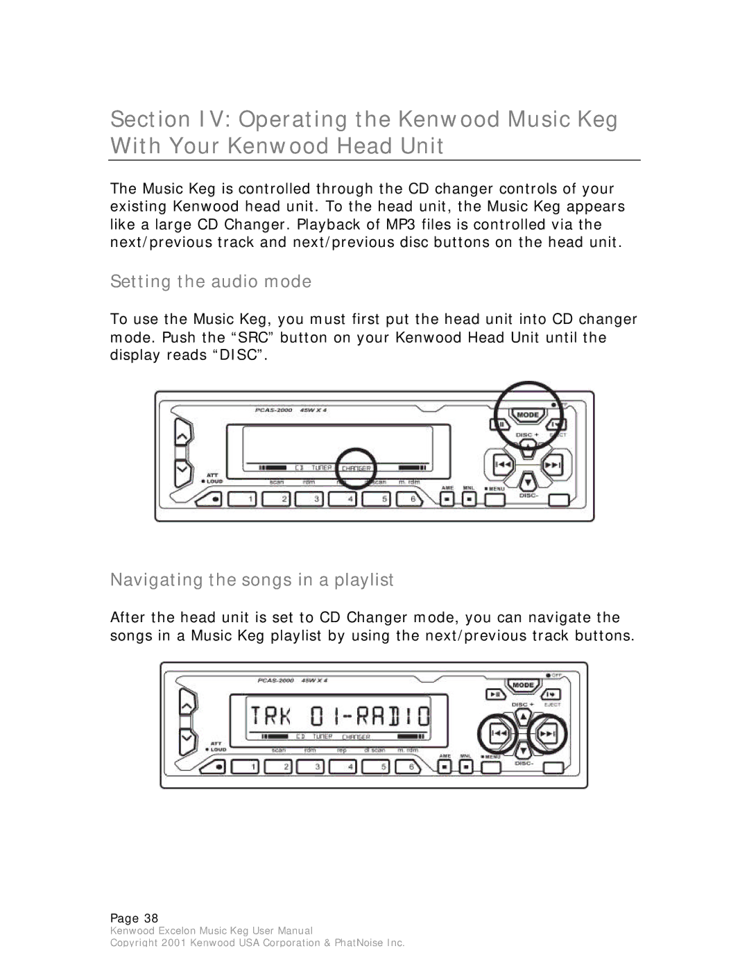 Kenwood Music Keg manual Setting the audio mode, Navigating the songs in a playlist 