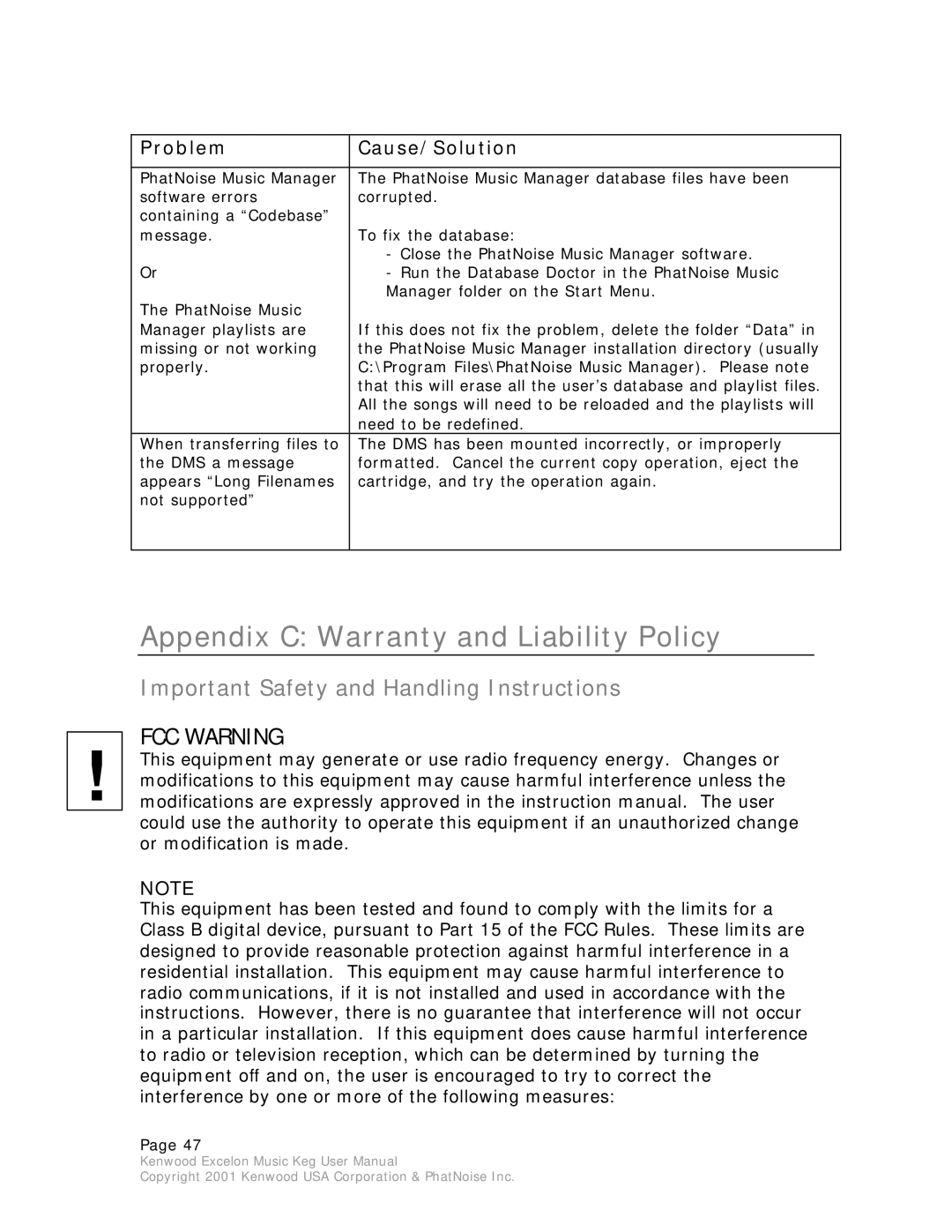 Kenwood Music Keg manual Appendix C Warranty and Liability Policy, Important Safety and Handling Instructions 