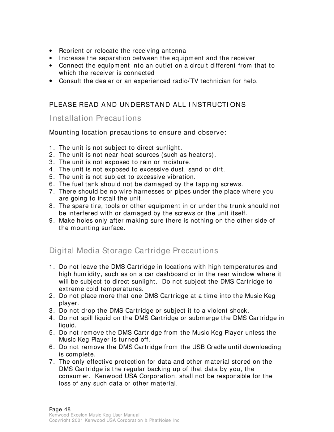 Kenwood Music Keg manual Installation Precautions, Digital Media Storage Cartridge Precautions 