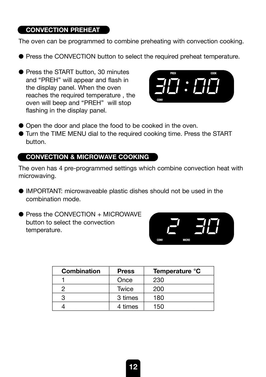 Kenwood MW761E manual Convection Preheat, Convection & Microwave Cooking, Combination Press Temperature C 