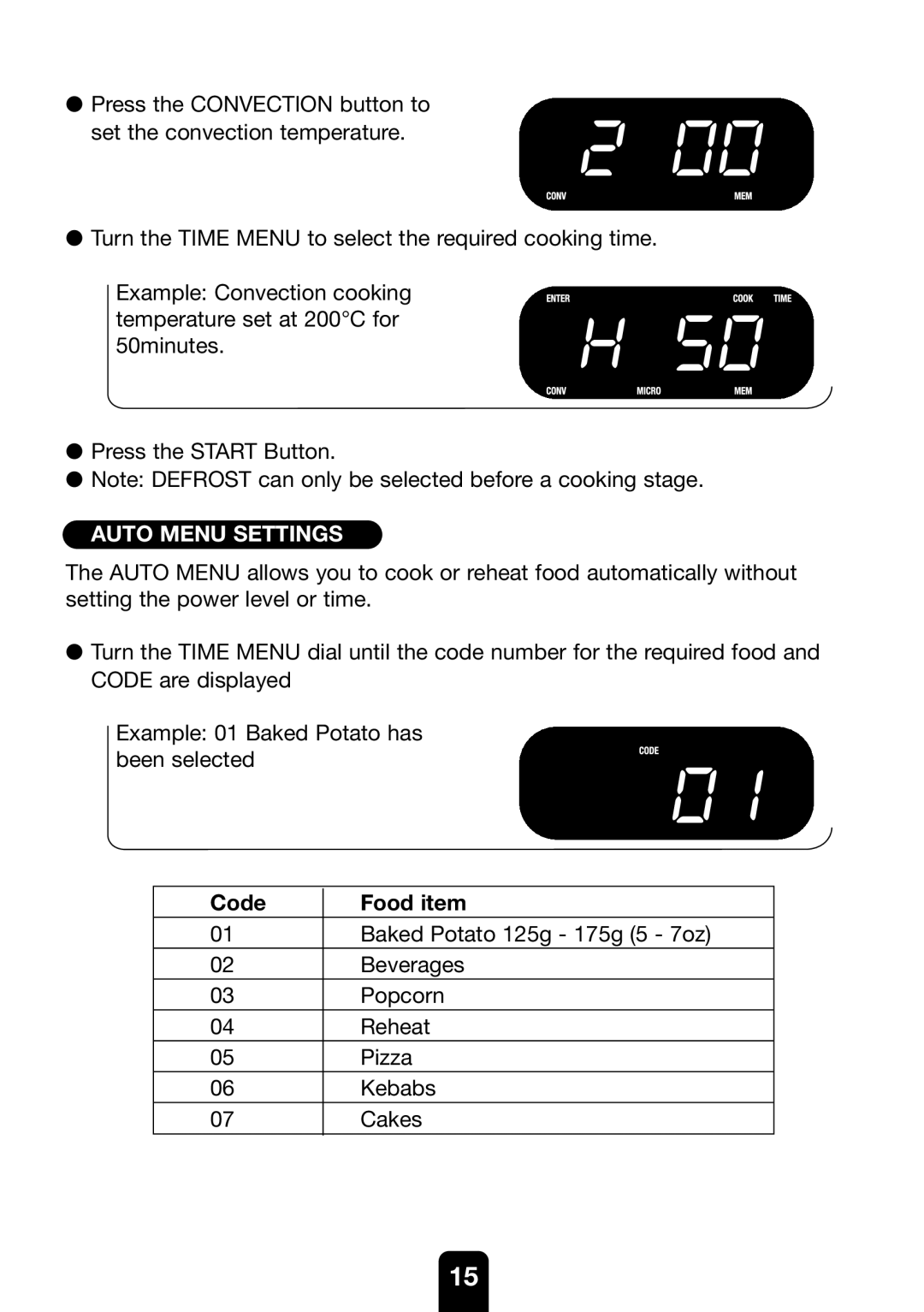 Kenwood MW761E manual Auto Menu Settings, Code Food item 