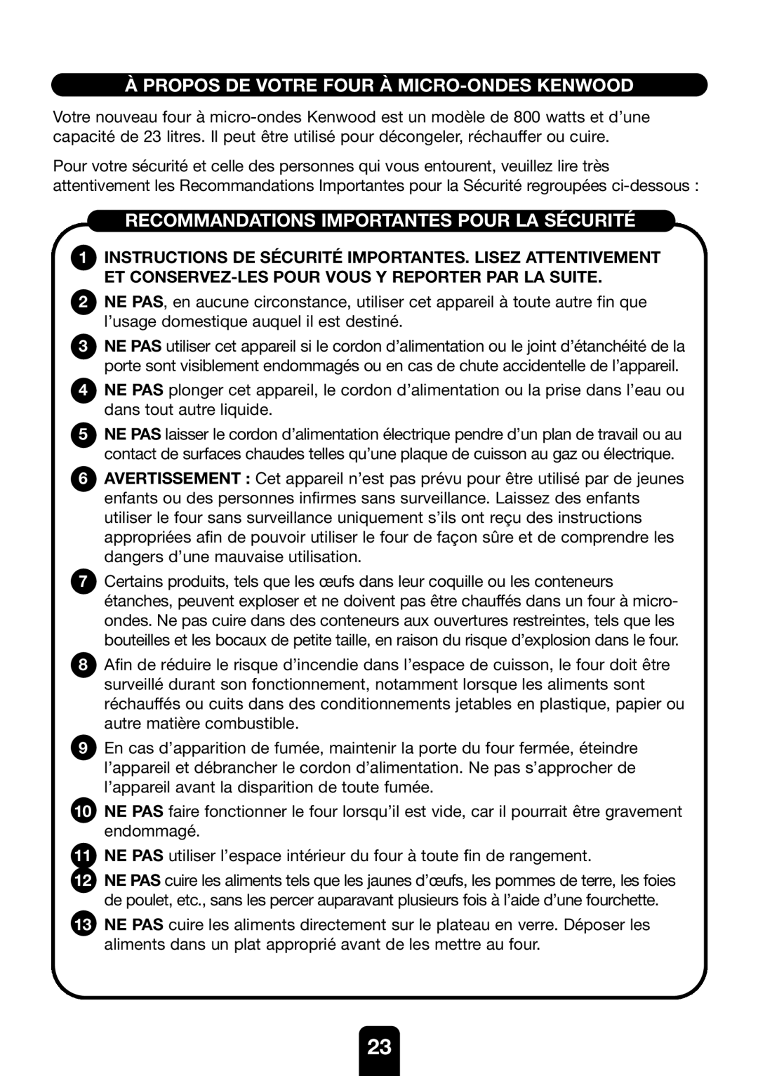 Kenwood MW761E manual Propos DE Votre Four À MICRO-ONDES Kenwood, Recommandations Importantes Pour LA Sécurité 