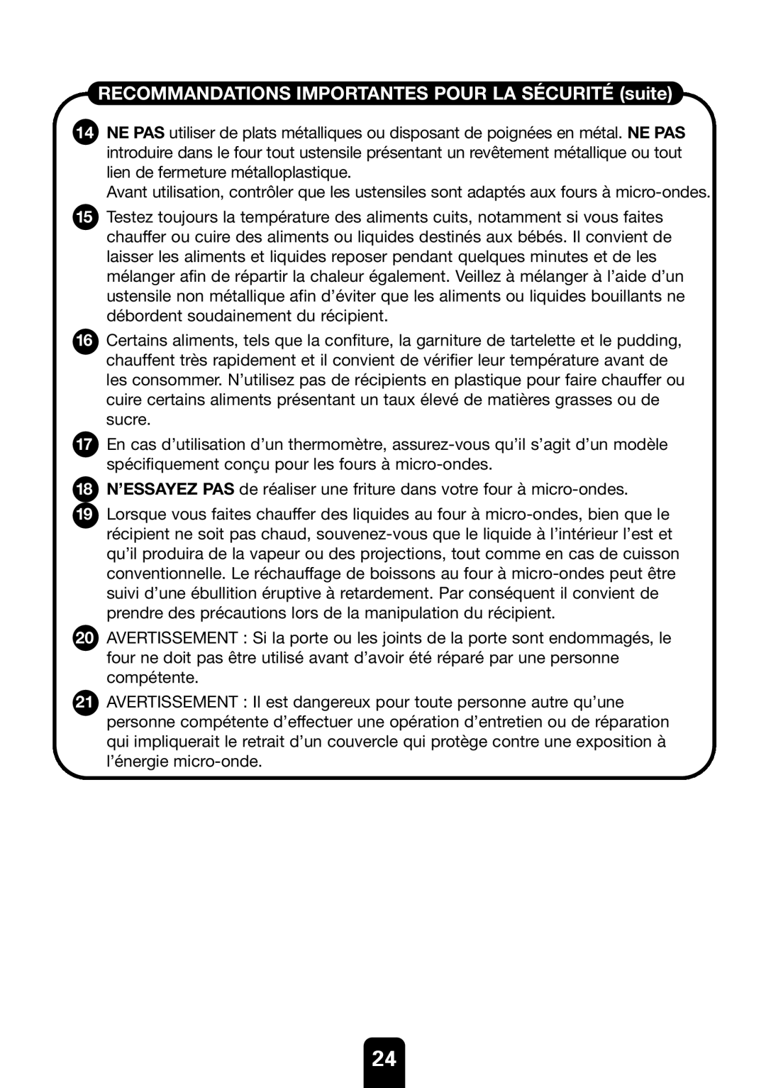 Kenwood MW761E manual Recommandations Importantes Pour LA Sécurité suite 