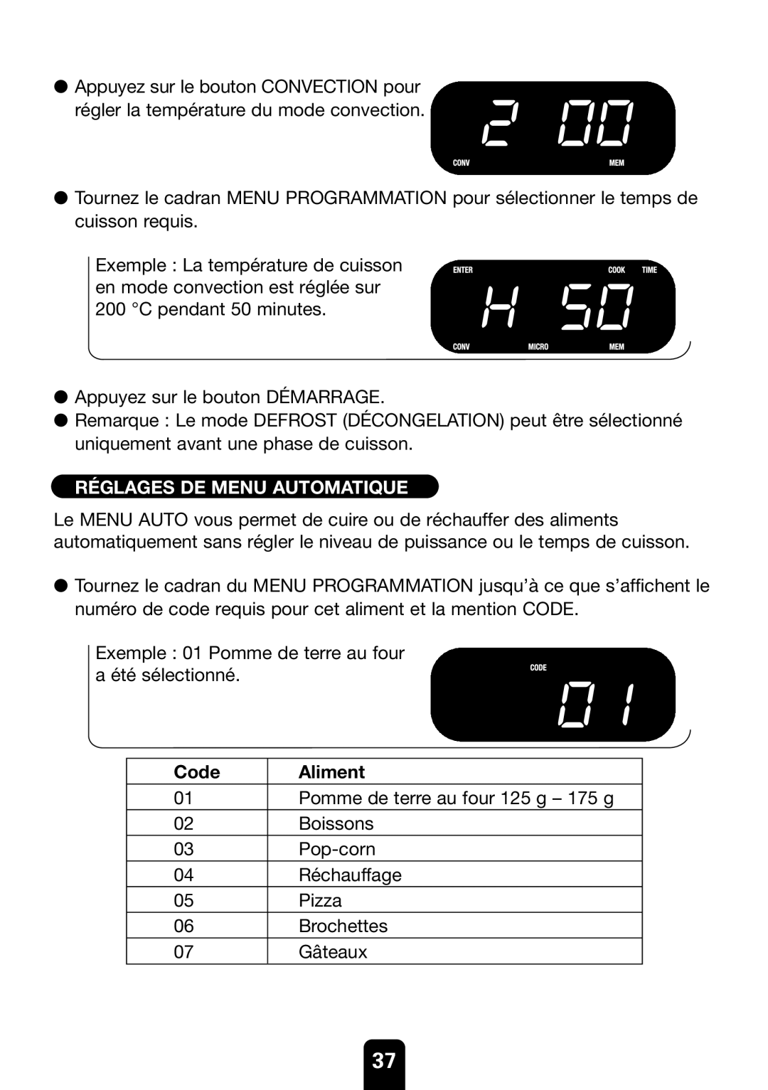 Kenwood MW761E manual Réglages DE Menu Automatique, Code Aliment 