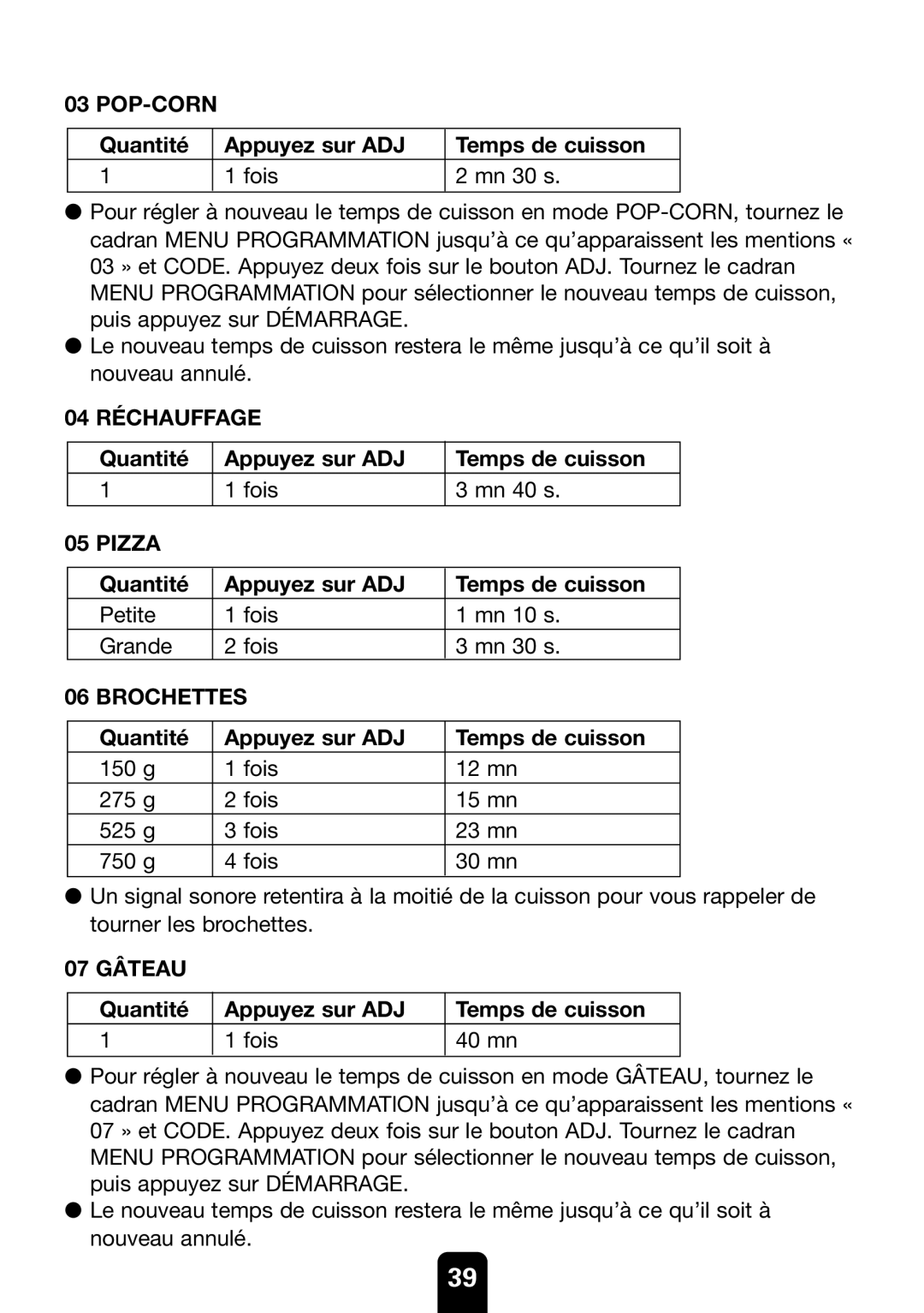 Kenwood MW761E manual Quantité Appuyez sur ADJ Temps de cuisson Fois Mn 30 s 