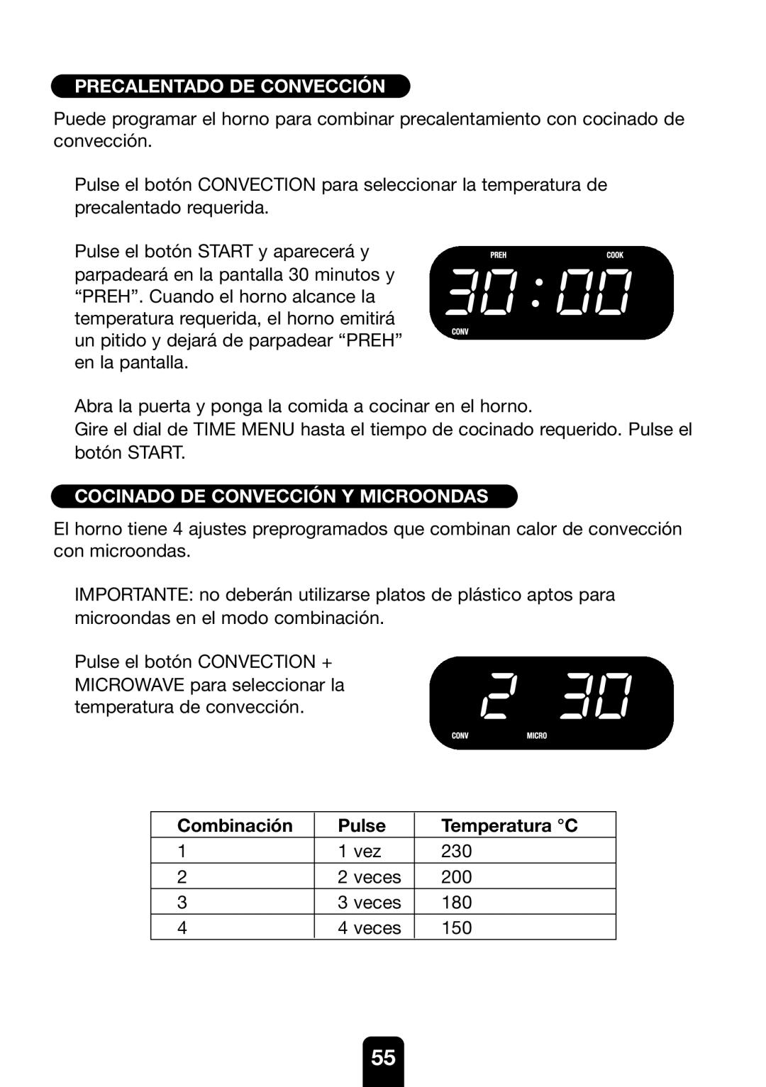 Kenwood MW761E manual Precalentado DE Convección, Cocinado DE Convección Y Microondas, Combinación Pulse Temperatura C 