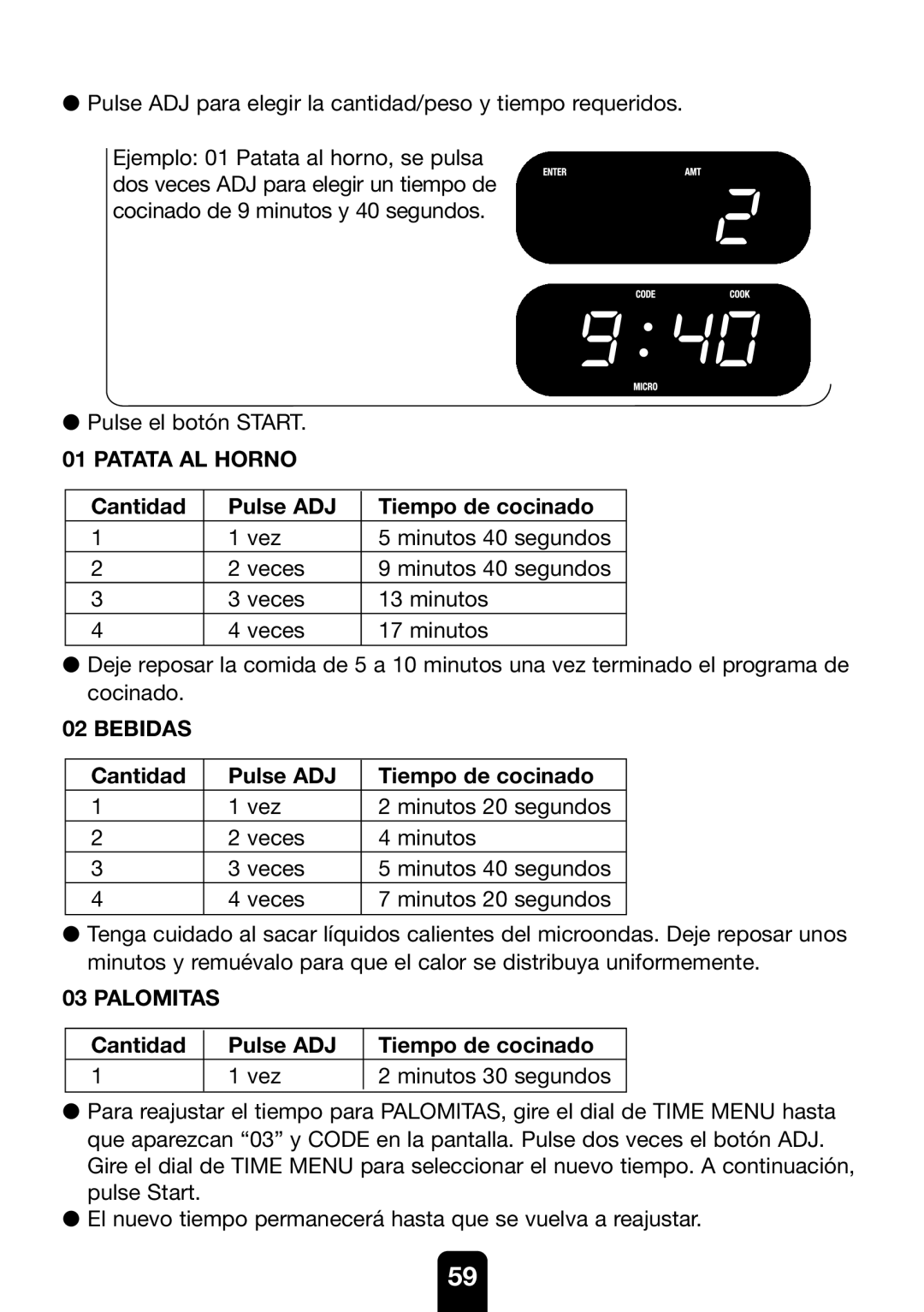 Kenwood MW761E manual Patata AL Horno, Cantidad Pulse ADJ Tiempo de cocinado 