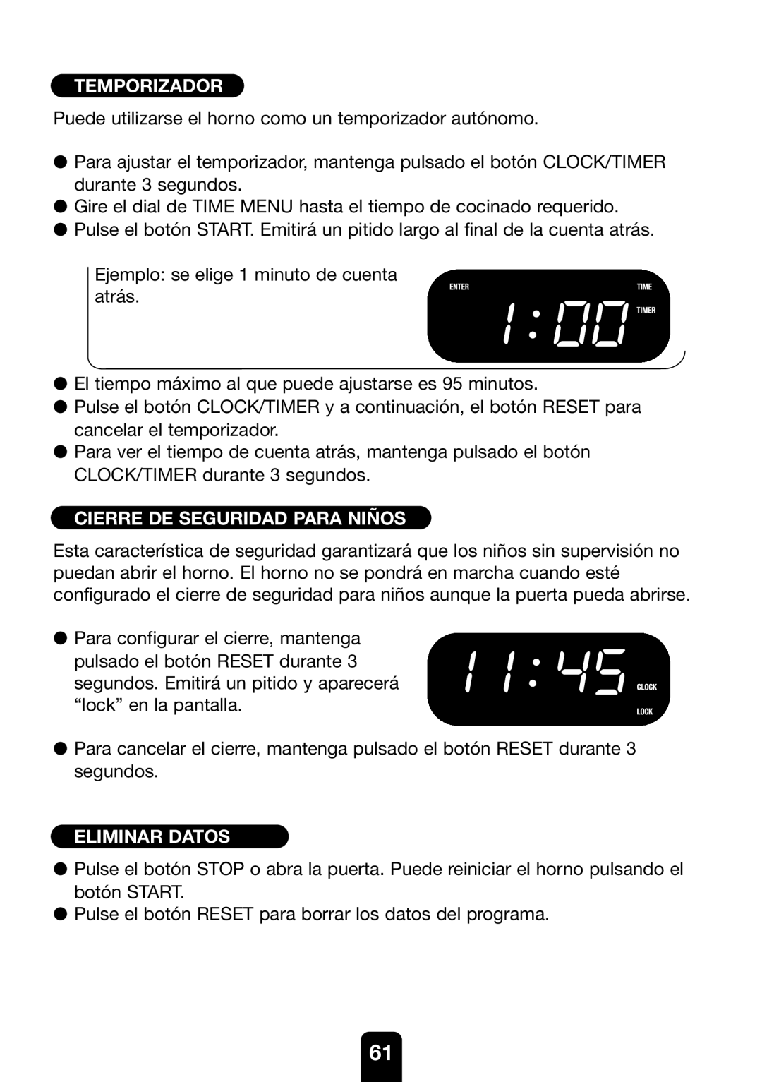 Kenwood MW761E manual Temporizador, Cierre DE Seguridad Para Niños, Eliminar Datos 