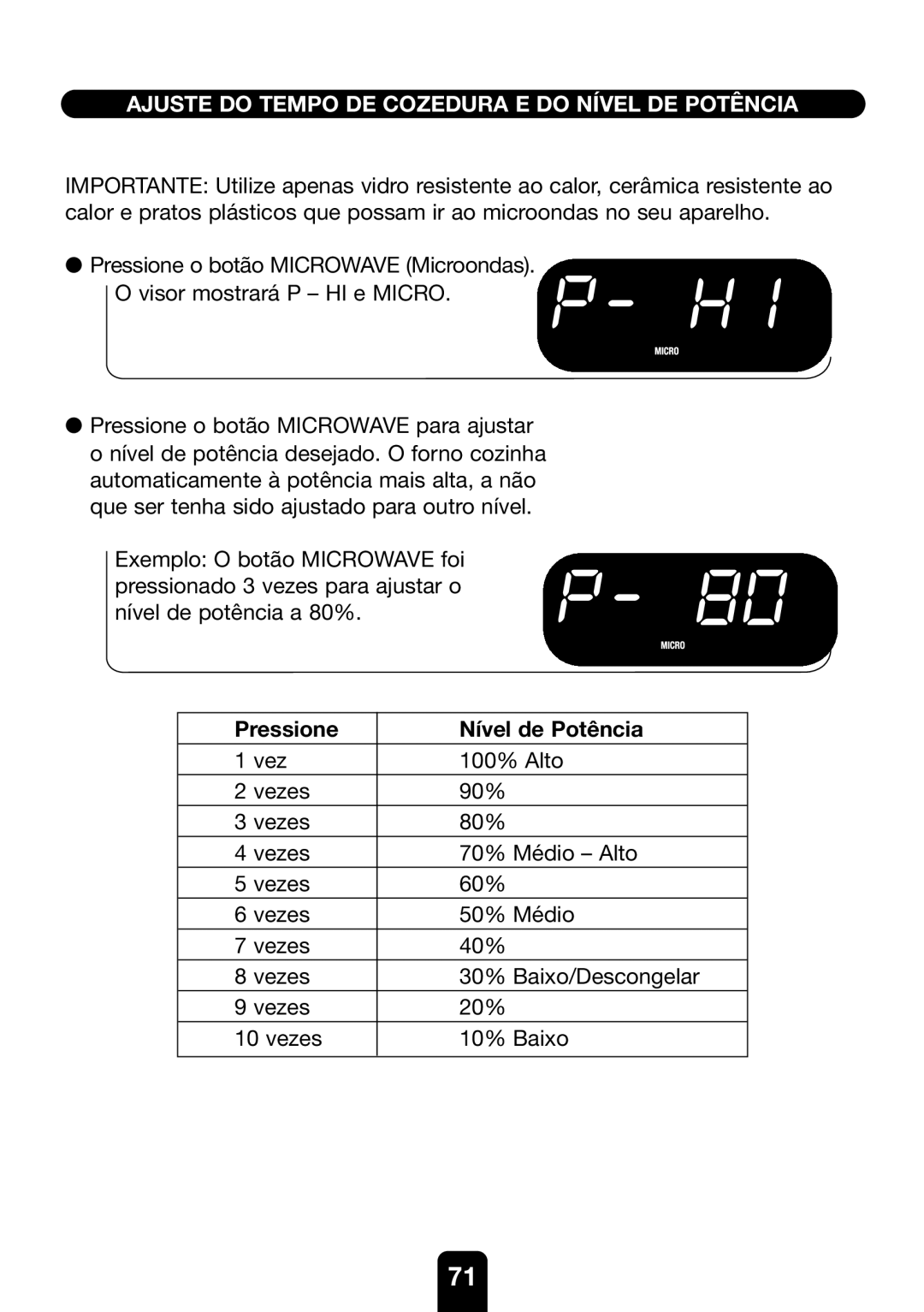 Kenwood MW761E manual Ajuste do Tempo DE Cozedura E do Nível DE Potência, Pressione Nível de Potência 