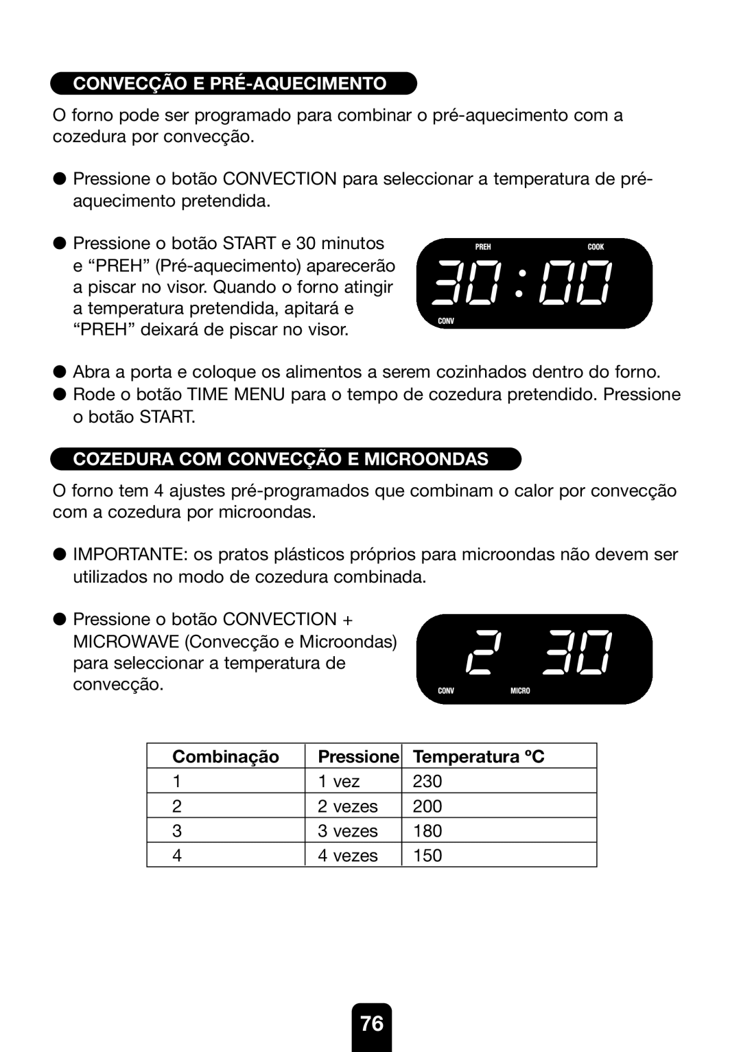 Kenwood MW761E manual Convecção E PRÉ-AQUECIMENTO, Cozedura COM Convecção E Microondas, Combinação Pressione Temperatura ºC 