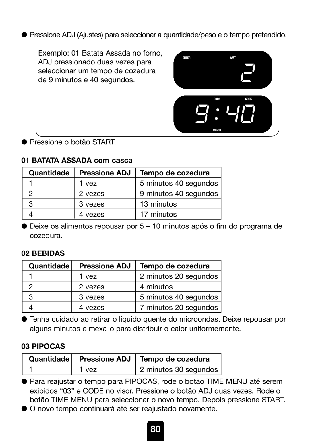 Kenwood MW761E manual Quantidade Pressione ADJ Tempo de cozedura, Pipocas 