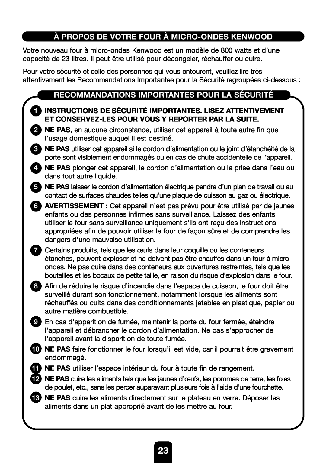 Kenwood MW761E manual À Propos De Votre Four À Micro-Ondes Kenwood, Recommandations Importantes Pour La Sécurité 