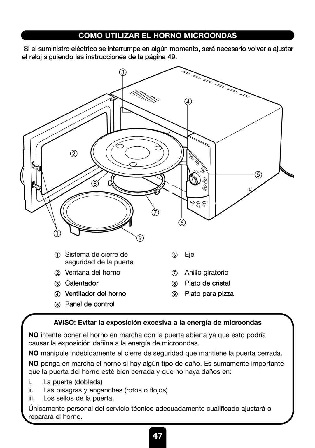 Kenwood MW761E manual Como Utilizar El Horno Microondas, AVISO Evitar la exposición excesiva a la energía de microondas 