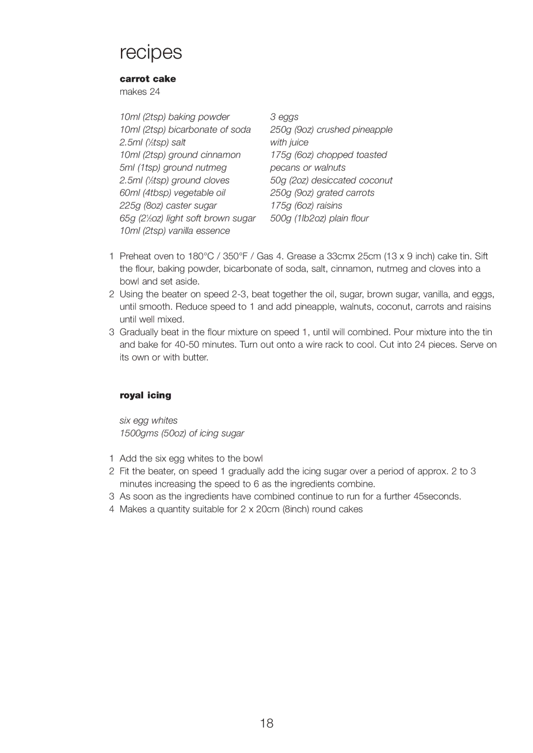 Kenwood MX320 series, MX310 series manual Carrot cake makes, Royal icing 