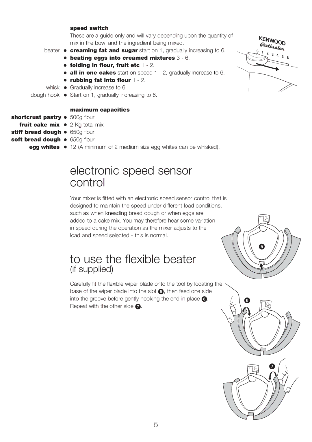 Kenwood MX310 series Electronic speed sensor control, To use the flexible beater, Speed switch, Rubbing fat into flour 1 