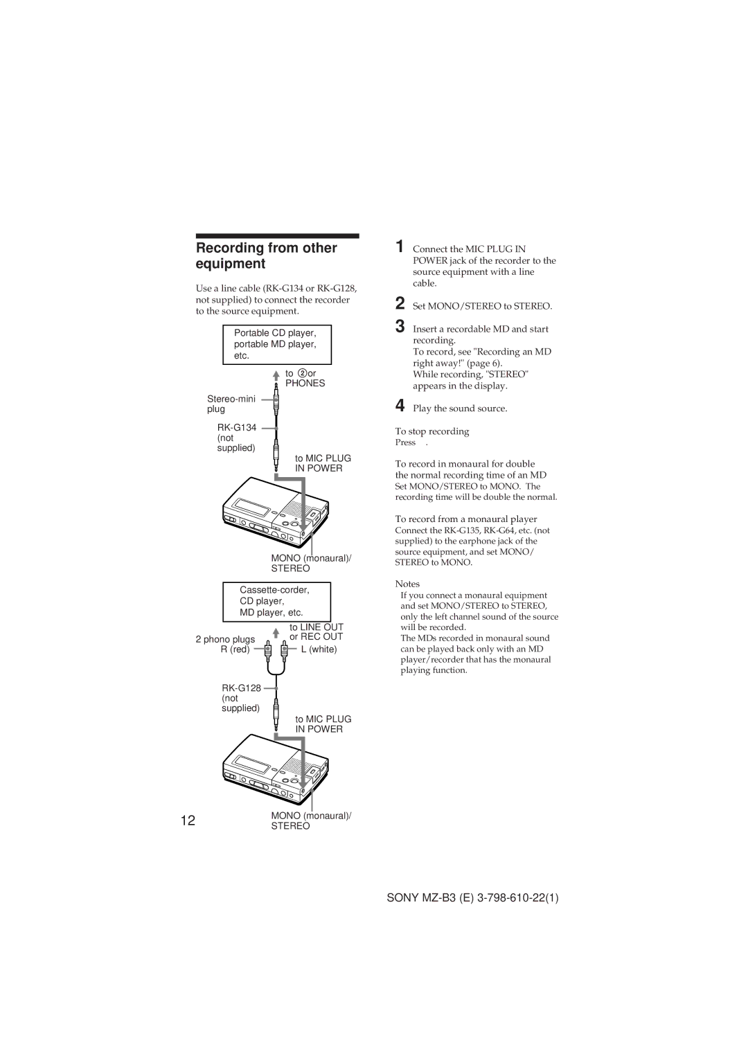 Kenwood MZ-B3 manual Recording from other equipment, Portable CD player, portable MD player, etc To 2 or 