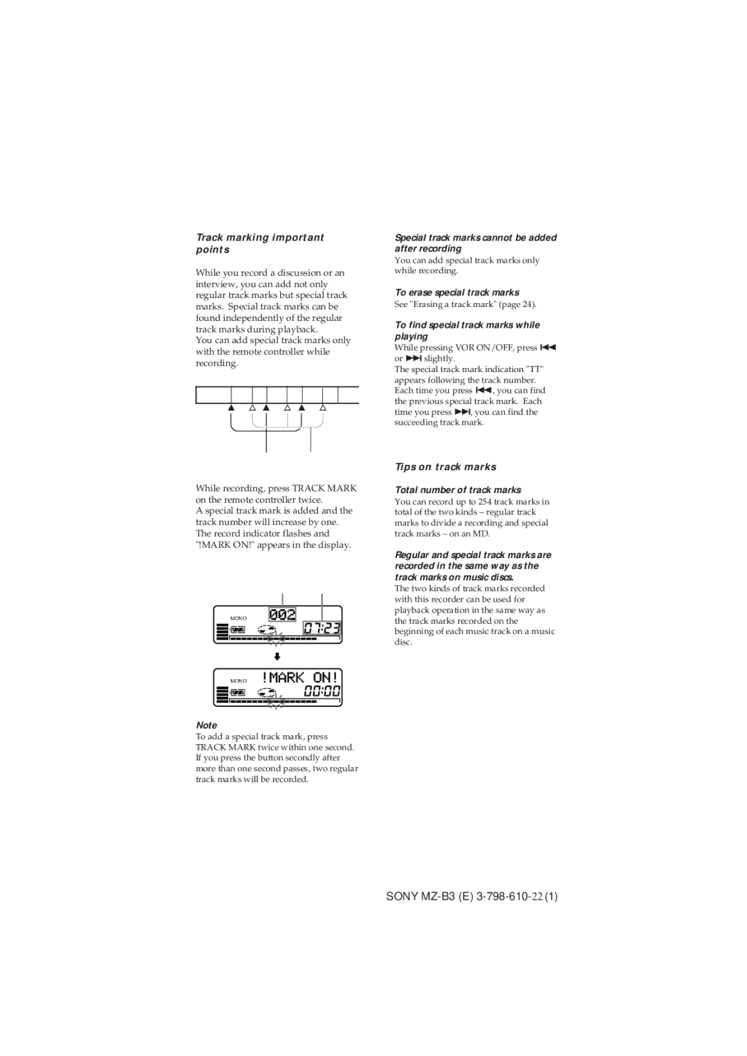 Kenwood MZ-B3 manual Track marking important points, Tips on track marks 