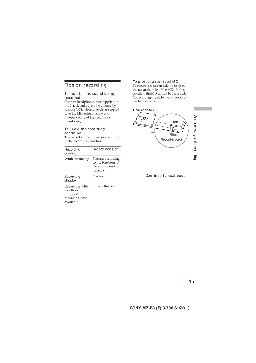 Kenwood MZ-B3 manual Tips on recording 