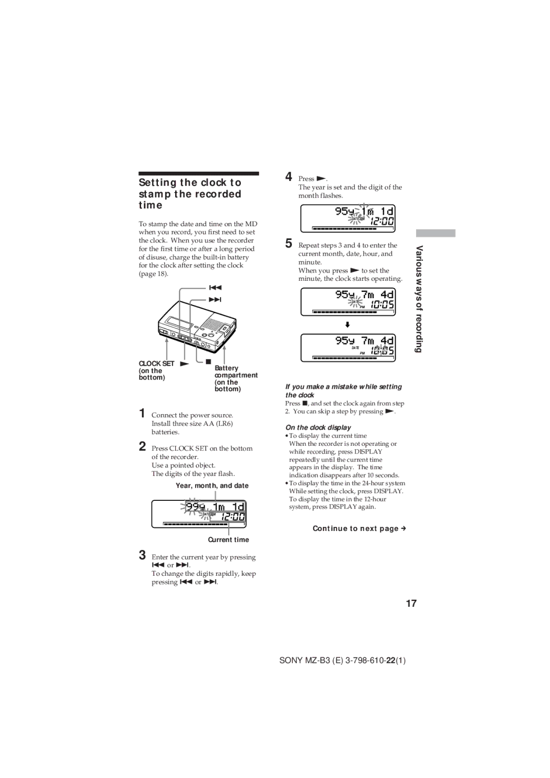 Kenwood MZ-B3 Setting the clock to stamp the recorded time, Ways, Recording, If you make a mistake while setting the clock 