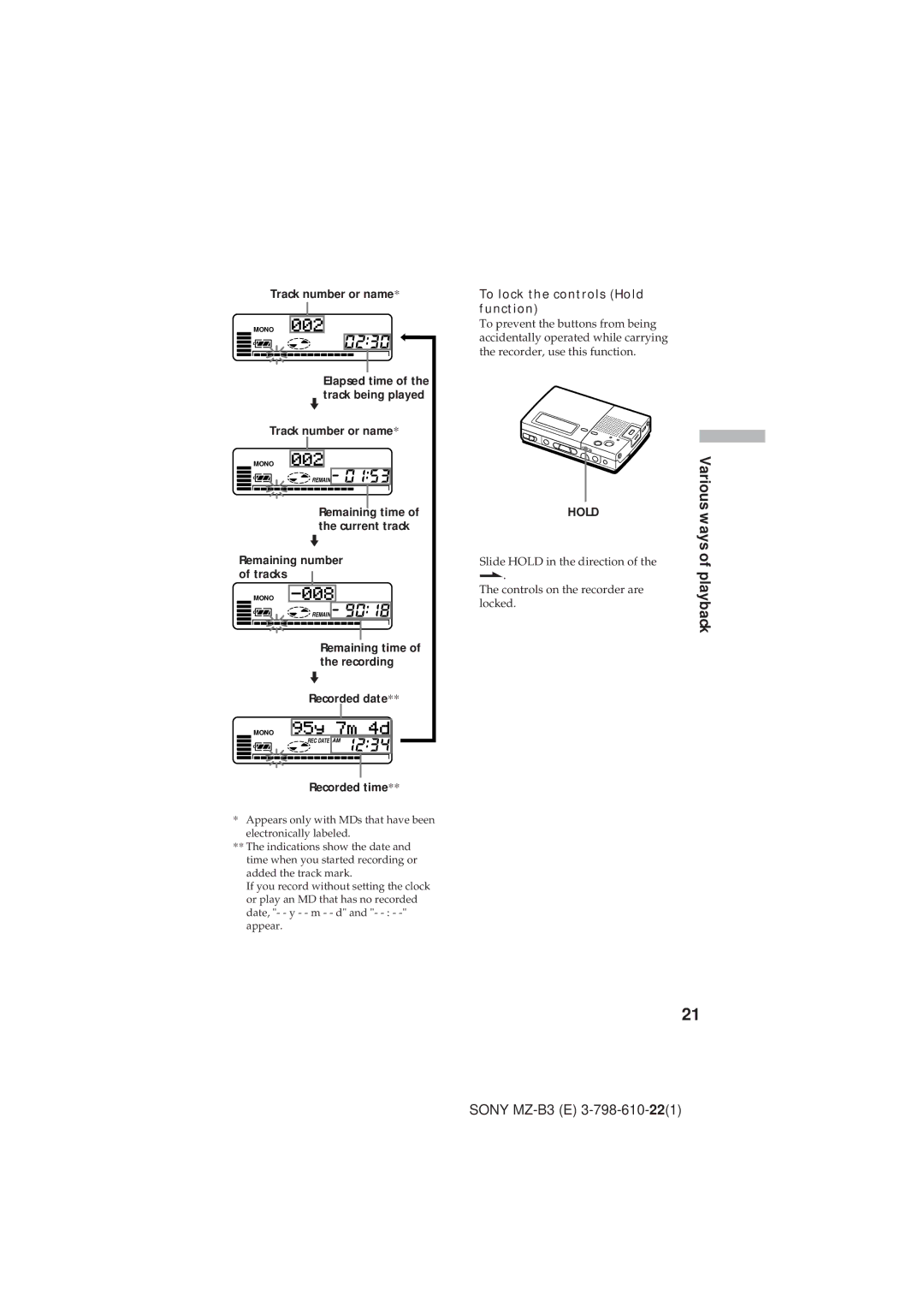 Kenwood MZ-B3 manual Various, To lock the controls Hold function 