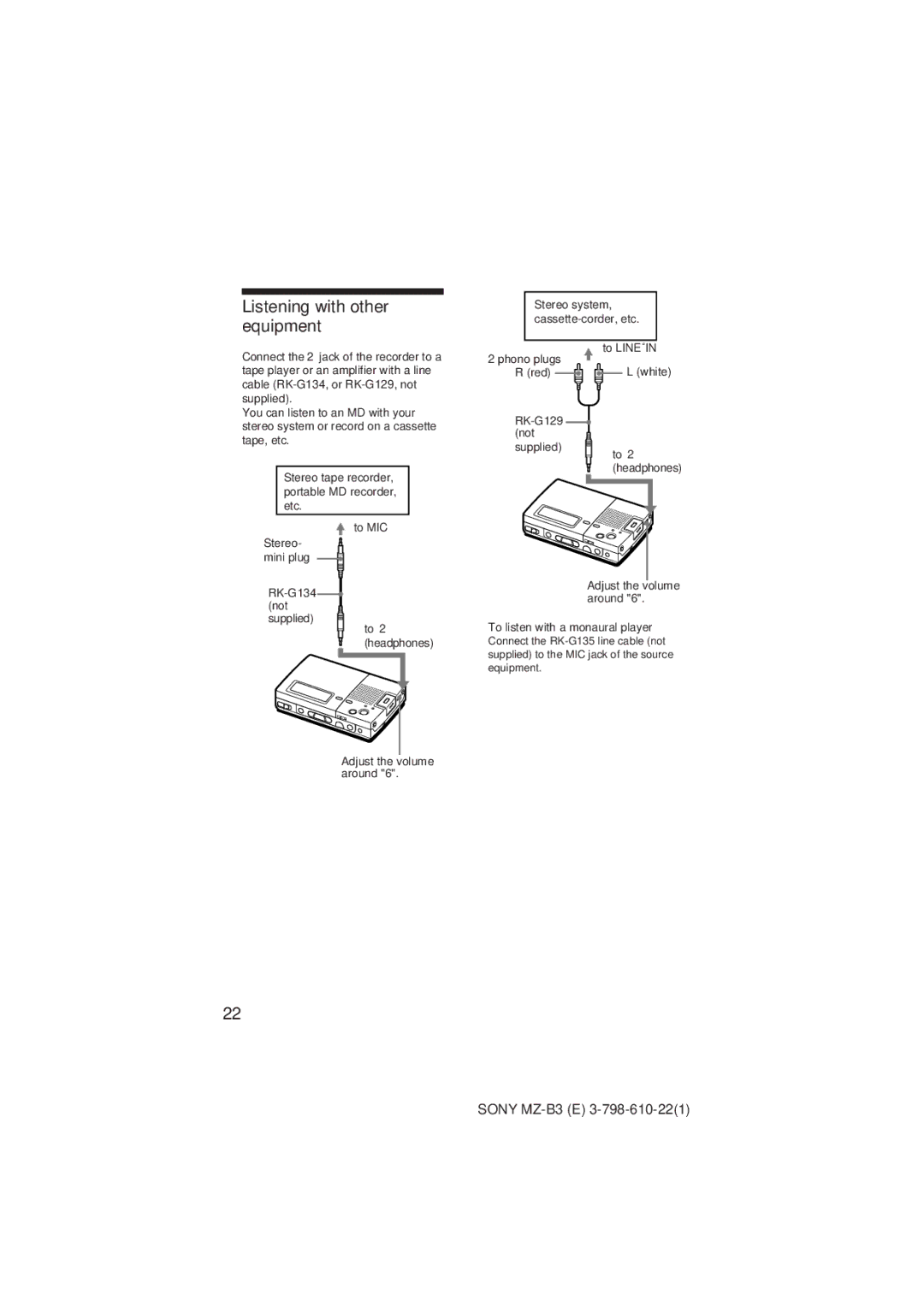 Kenwood MZ-B3 manual Listening with other equipment, To listen with a monaural player 