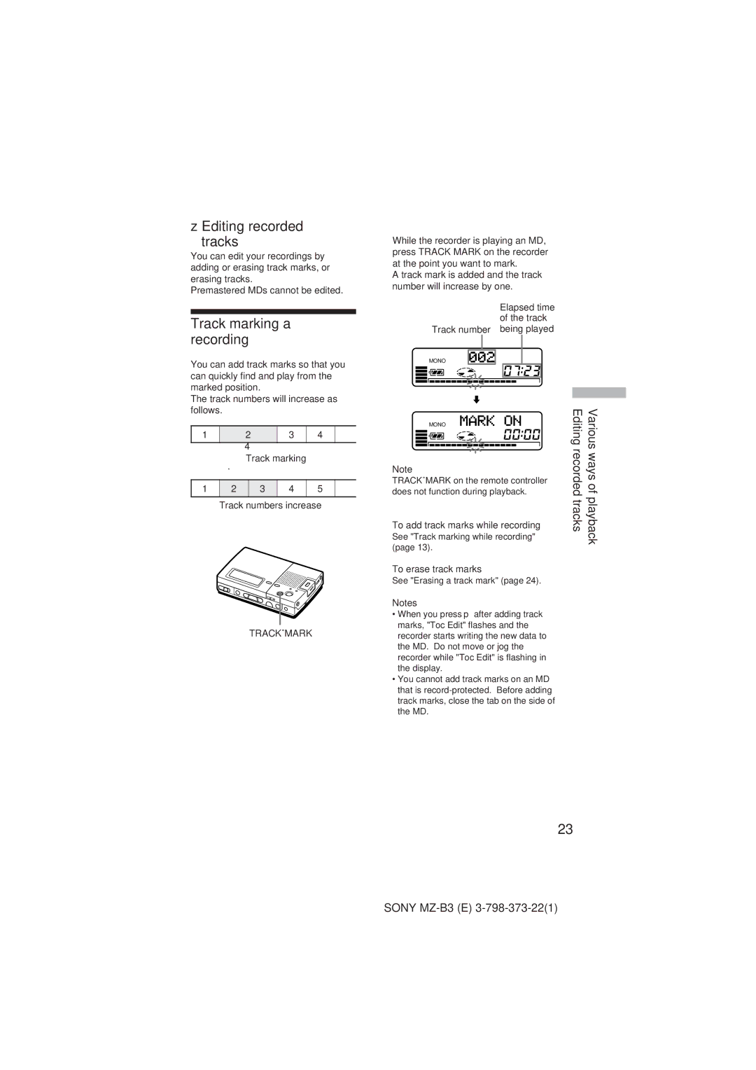 Kenwood MZ-B3 manual Track marking a recording, Editing recorded Various ways, Track marking Track numbers increase 