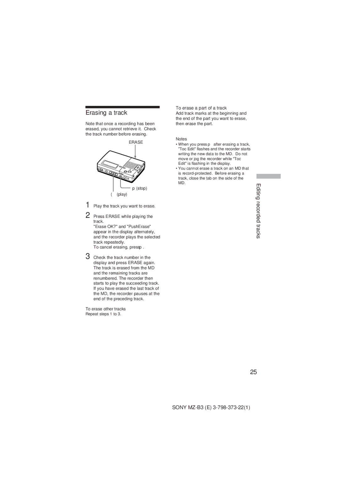 Kenwood MZ-B3 manual Erasing a track, To erase a part of a track, Pstop Play, To erase other tracks 