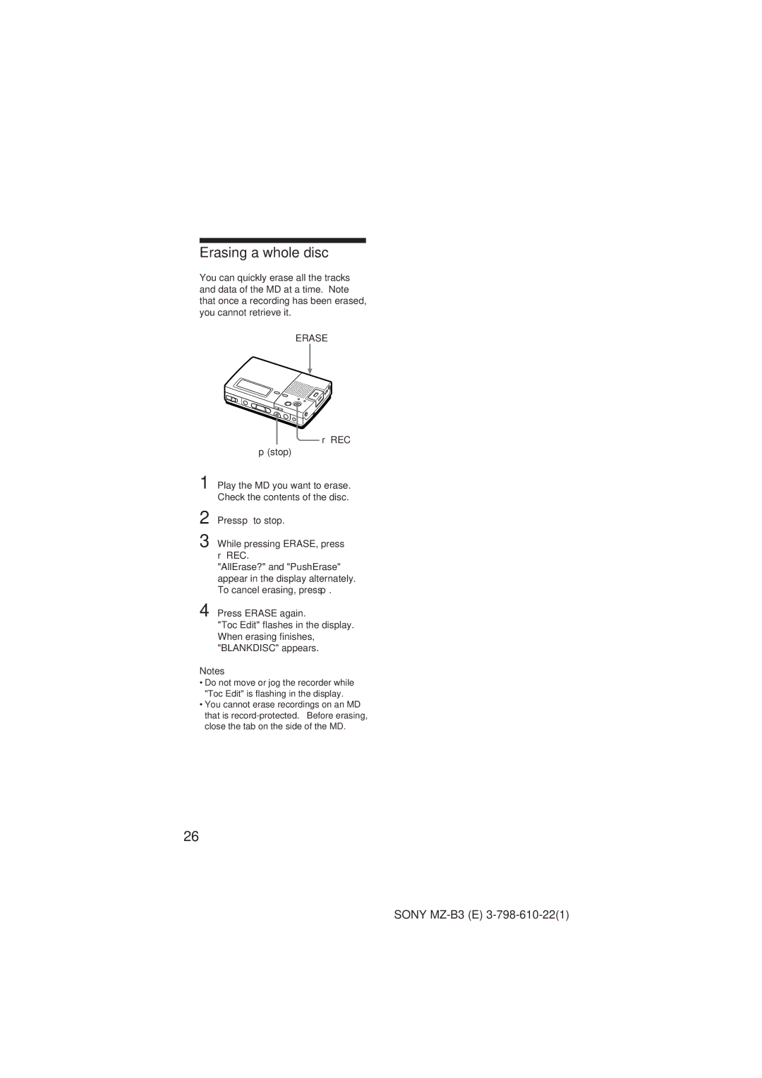 Kenwood MZ-B3 manual Erasing a whole disc, RREC Pstop 