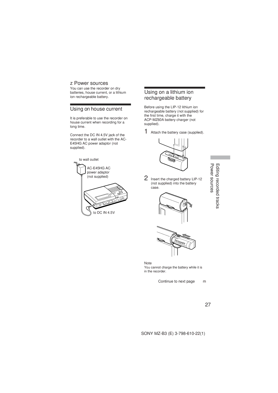 Kenwood MZ-B3 manual Using on house current, Using on a lithium ion rechargeable battery 