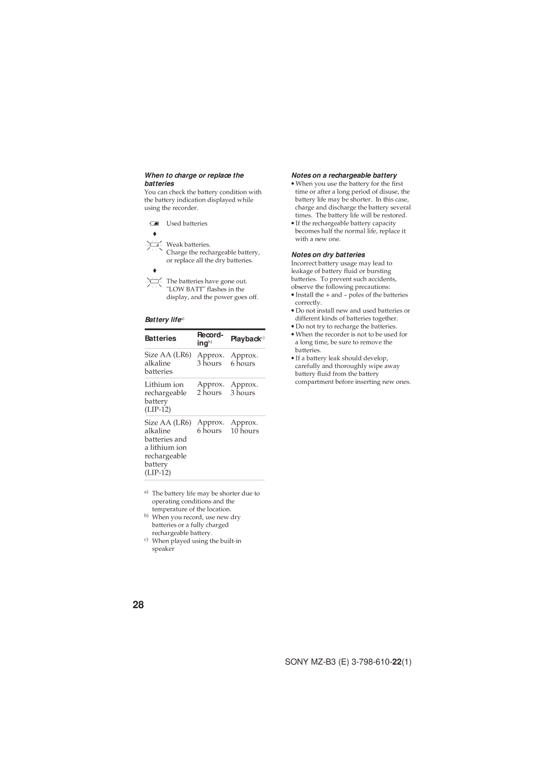 Kenwood MZ-B3 manual Batteries Record, Ing b, When to charge or replace the batteries, Battery lifea, Playback c 