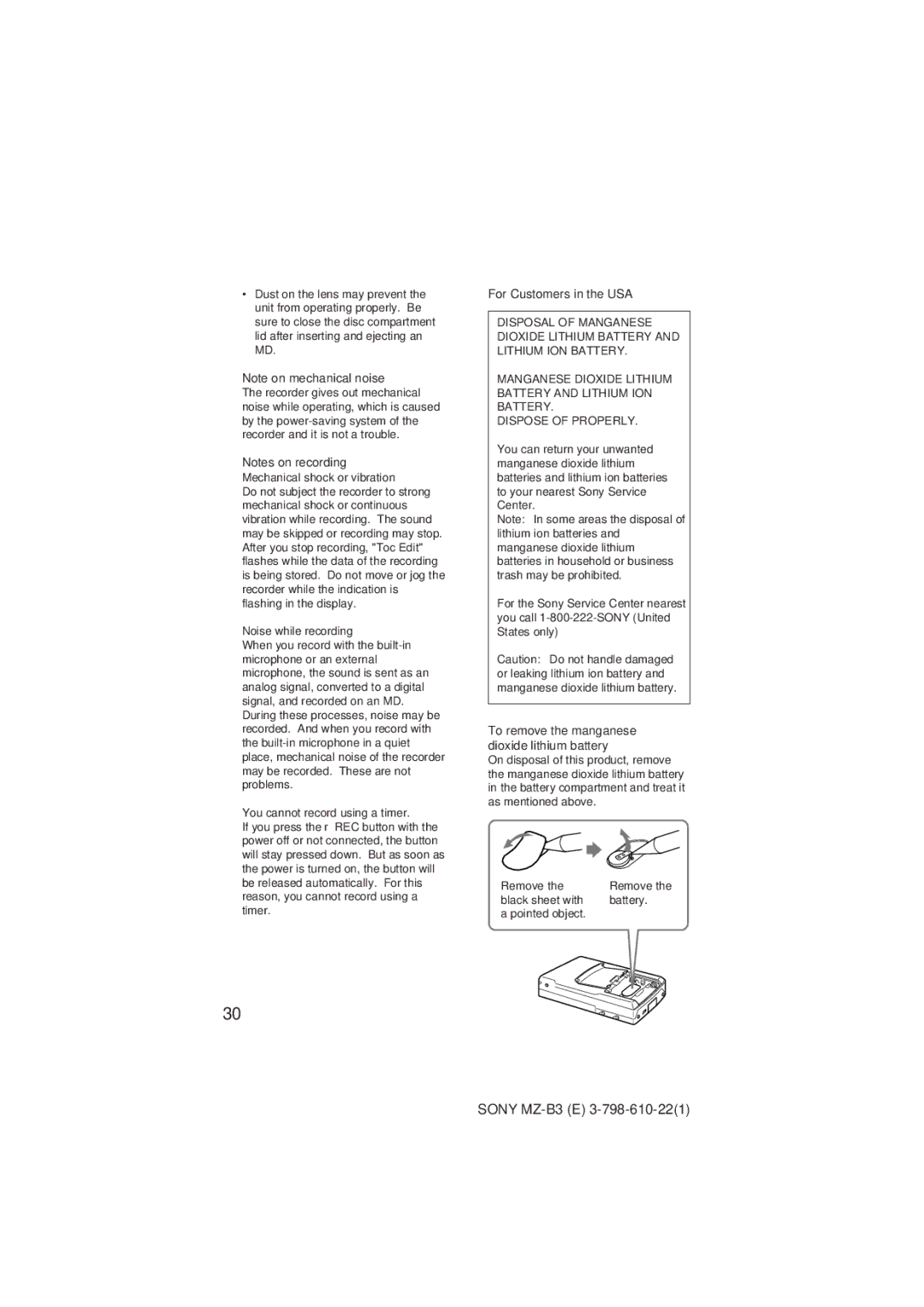 Kenwood MZ-B3 For Customers in the USA, To remove the manganese dioxide lithium battery, Mechanical shock or vibration 