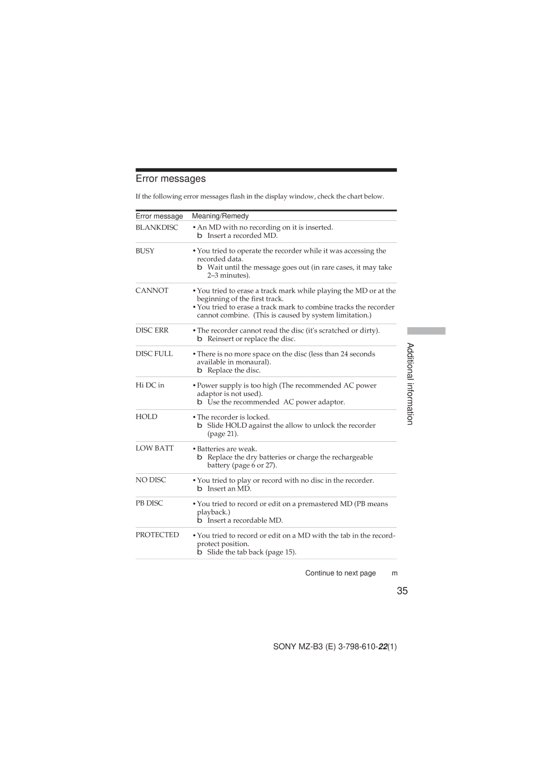 Kenwood MZ-B3 manual Error messages, Error message Meaning/Remedy 