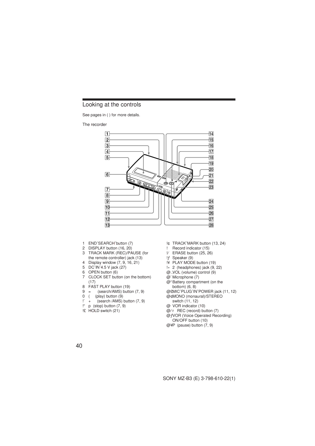 Kenwood MZ-B3 manual Looking at the controls, Recorder 