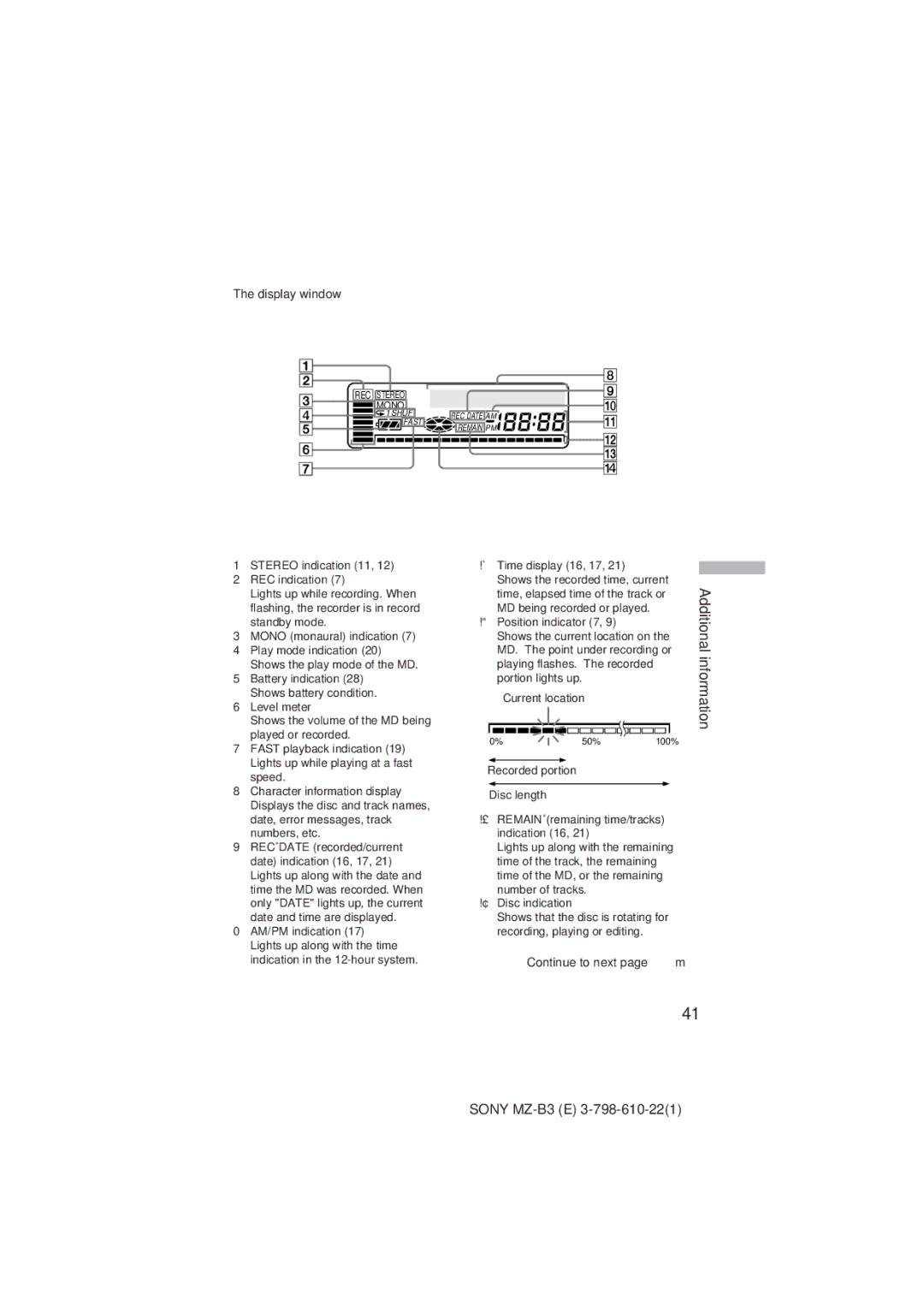 Kenwood MZ-B3 manual Display window, Current location, Recorded portion Disc length 