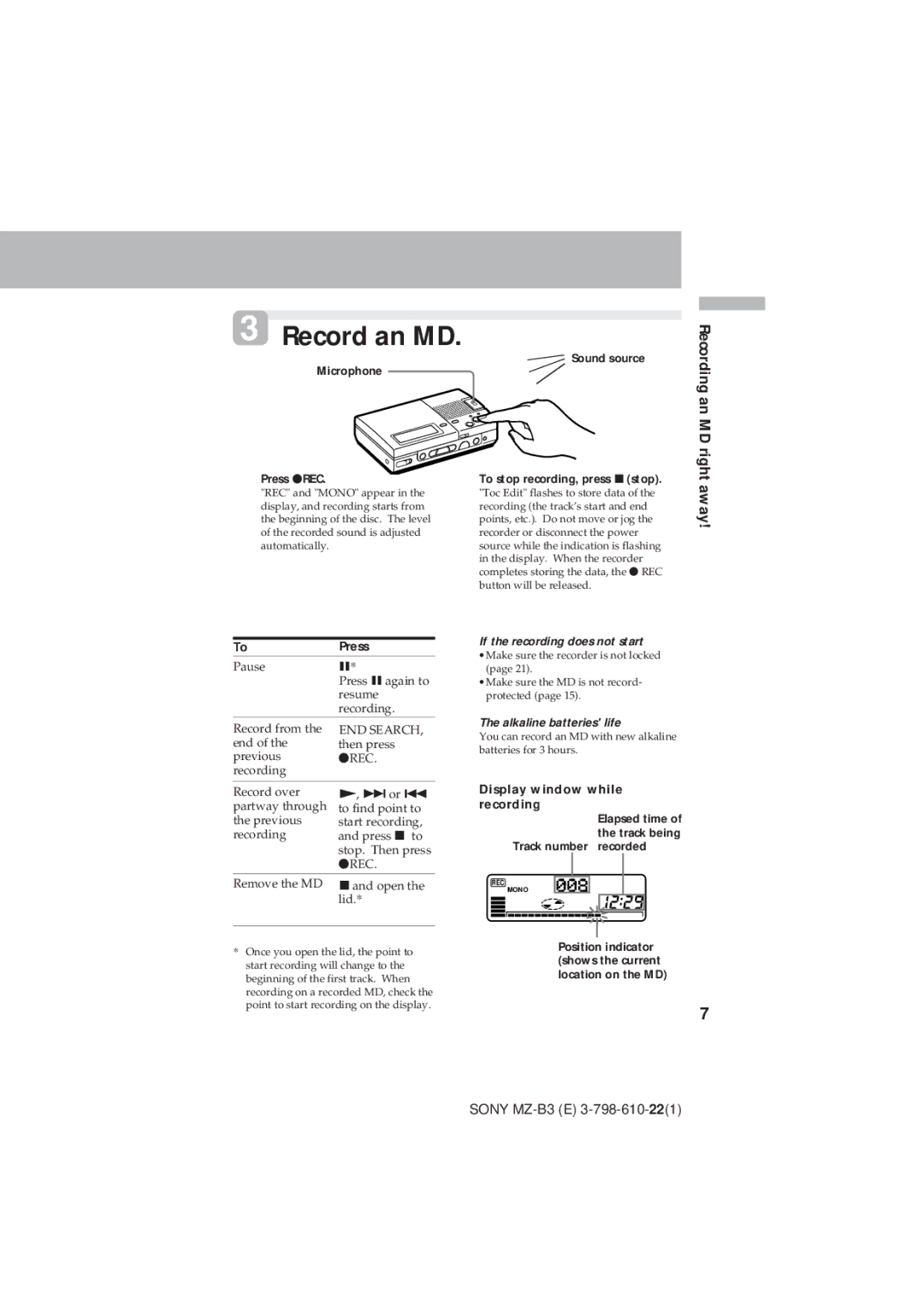 Kenwood MZ-B3 manual Recording an MD right, Sound source Microphone, Press, Display window while recording 